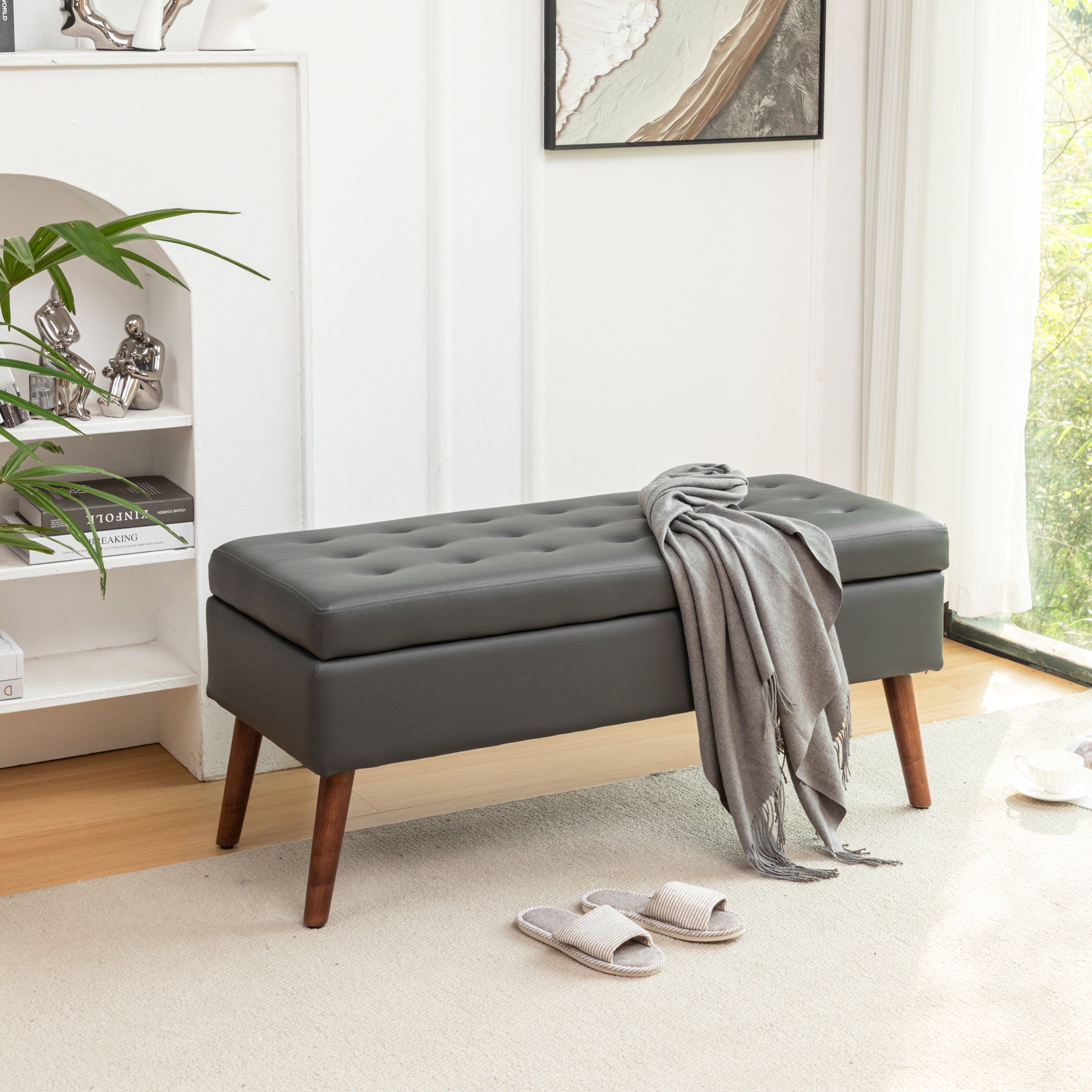 Brown PU Leather Storage Bench