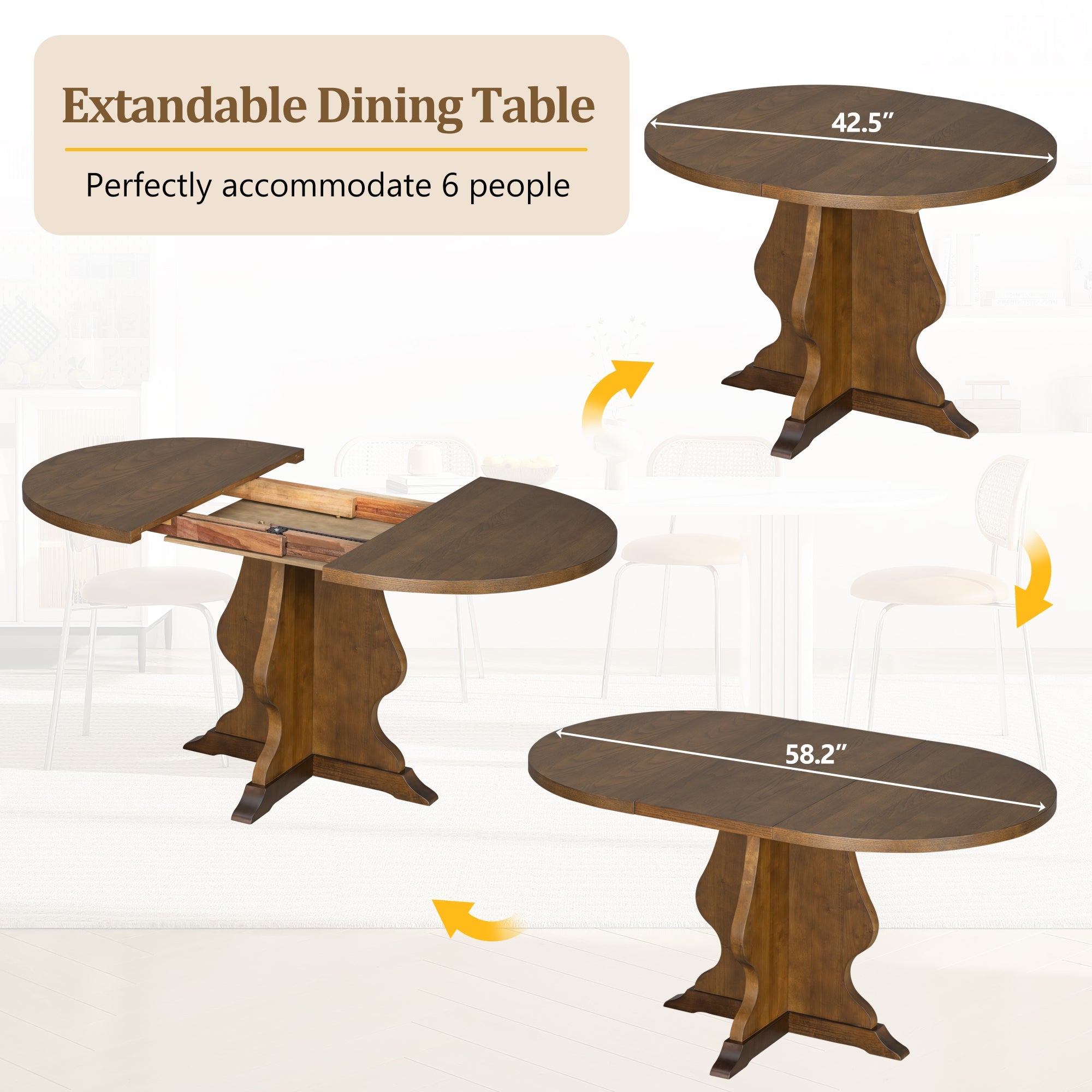 5-Piece Farmhouse Extendable Dining Table Set with 4 Upholstered Chairs