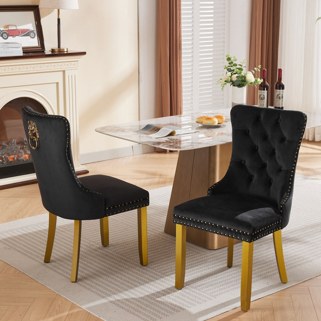 Mid-Century Velvet Dining Chairs with Lion Head Pull Ring (Set of 2)