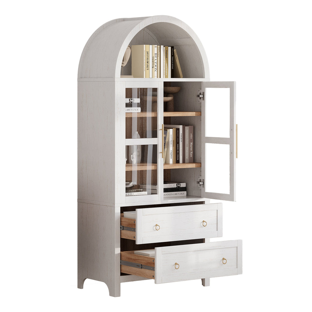 71” Tall Arched Modern Farmhouse Kitchen Pantry Cabinet with 2 Large Drawers