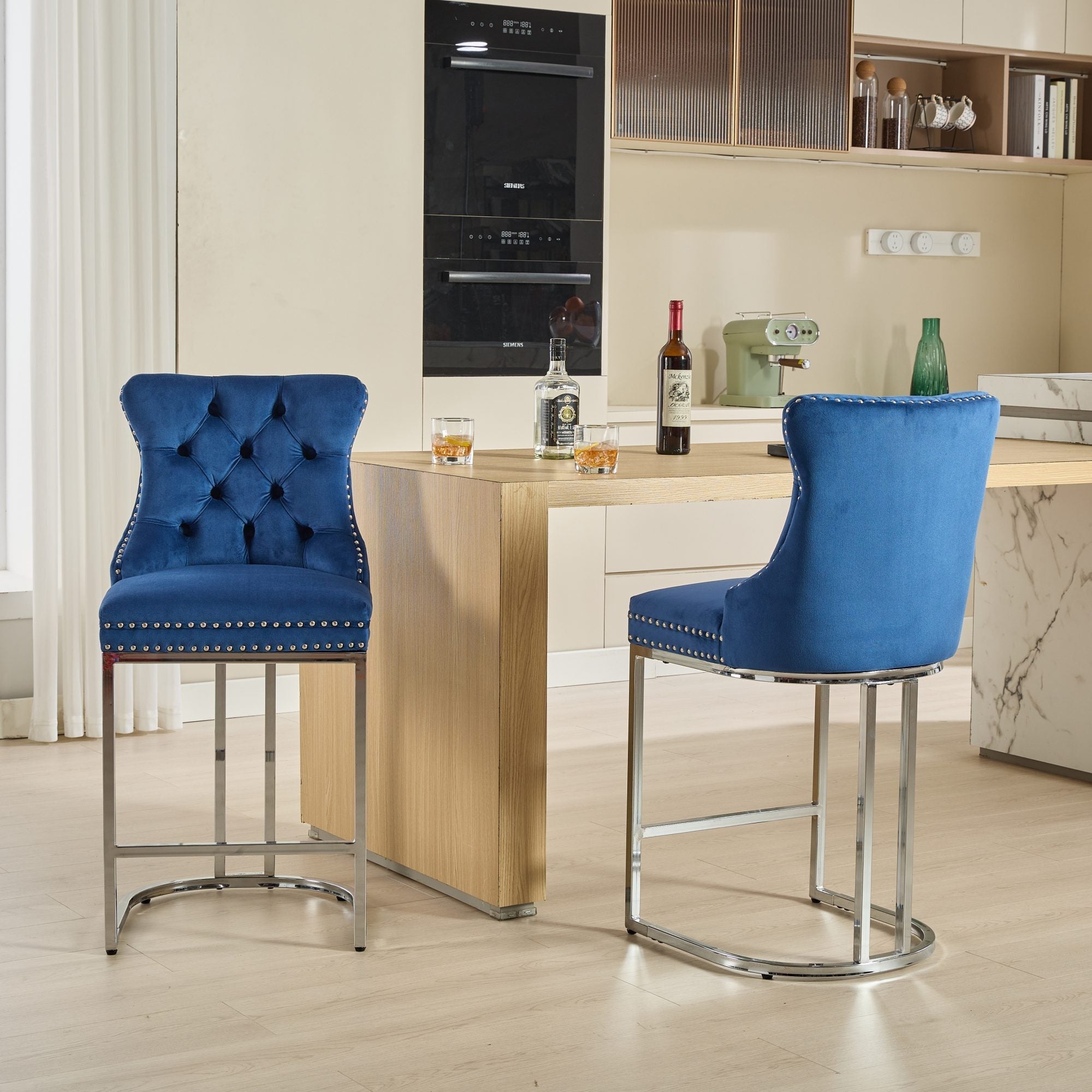 Luxury Elegant Nailhead Trim Tufted Velvet Bar Stools (Set of 2)