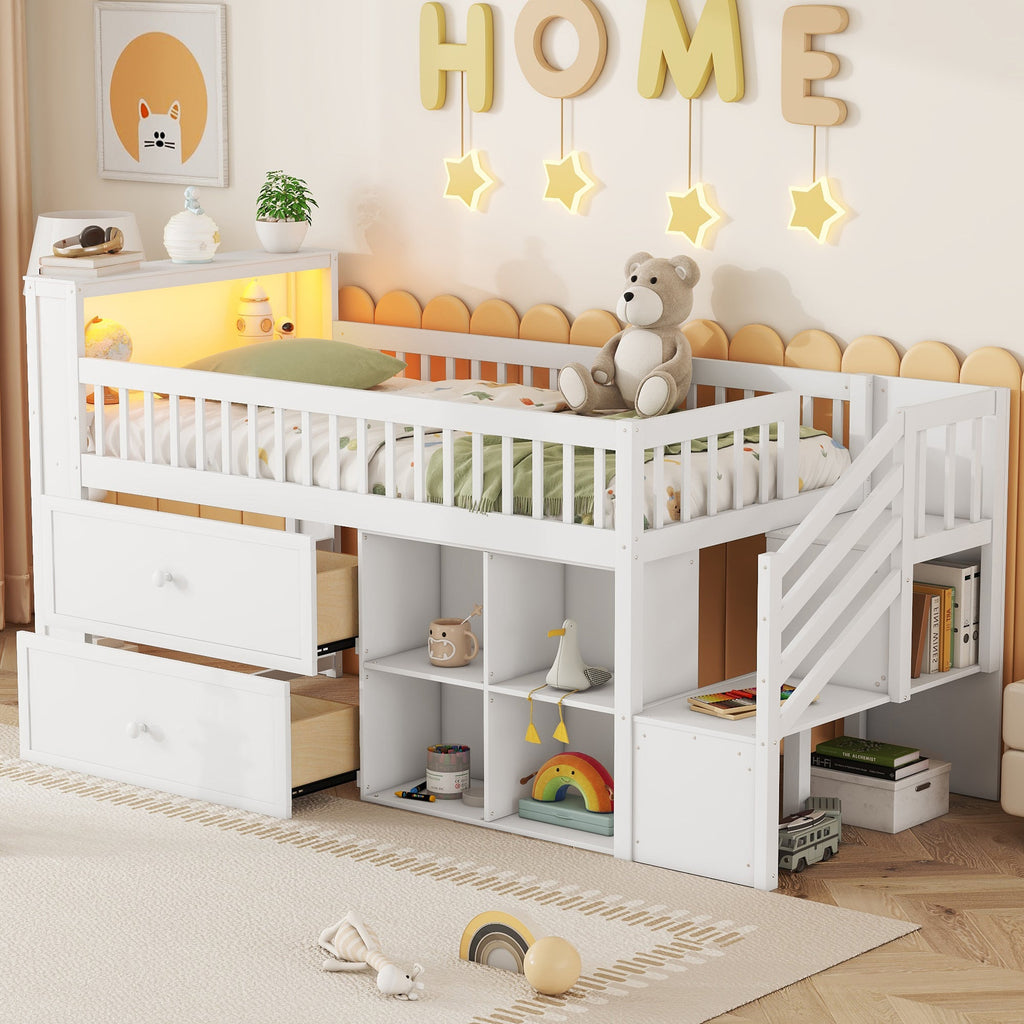 Twin Size Loft Bed with LED and Bookshelf
