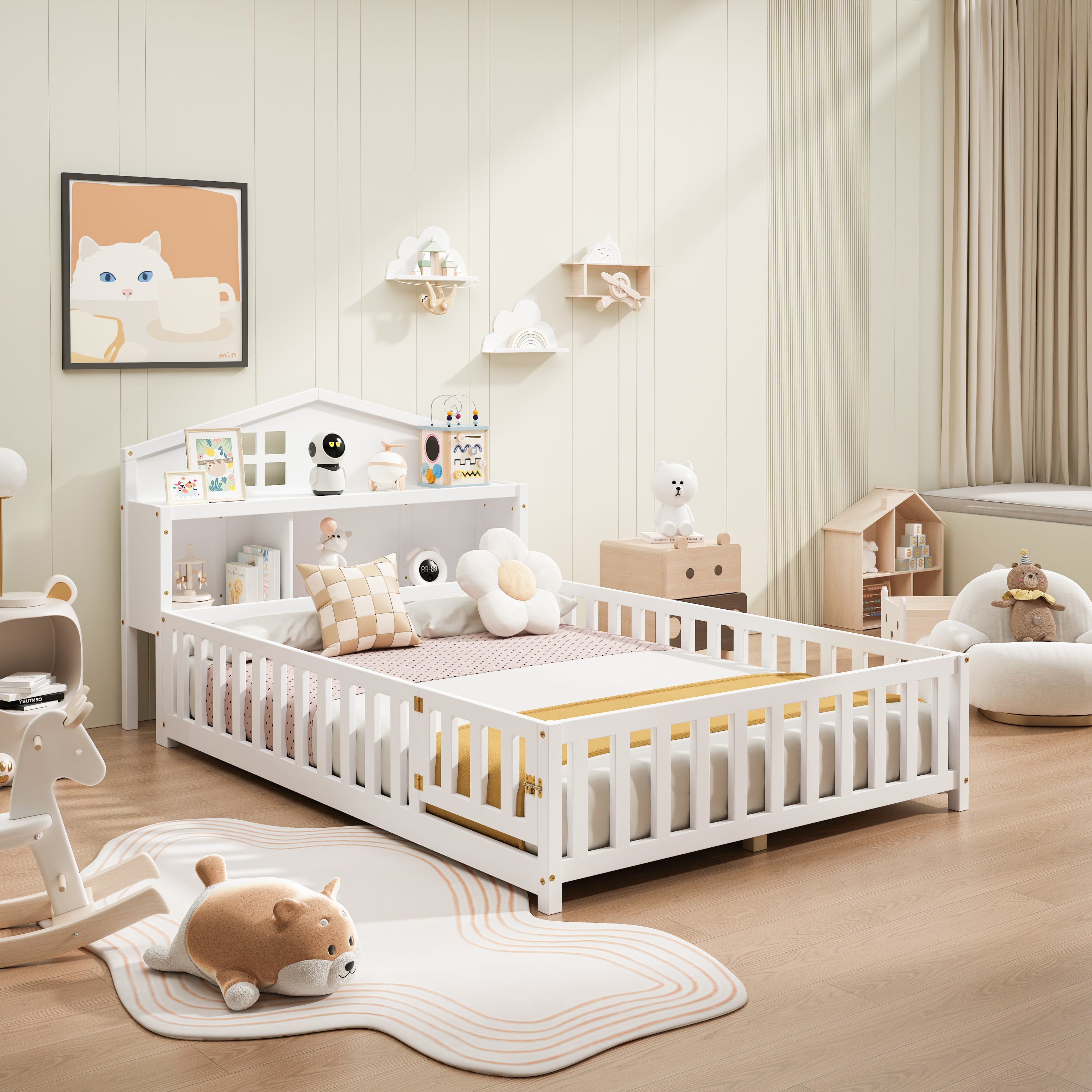 Full-size Montessori Floor Bed with Bookcases and Blackboards