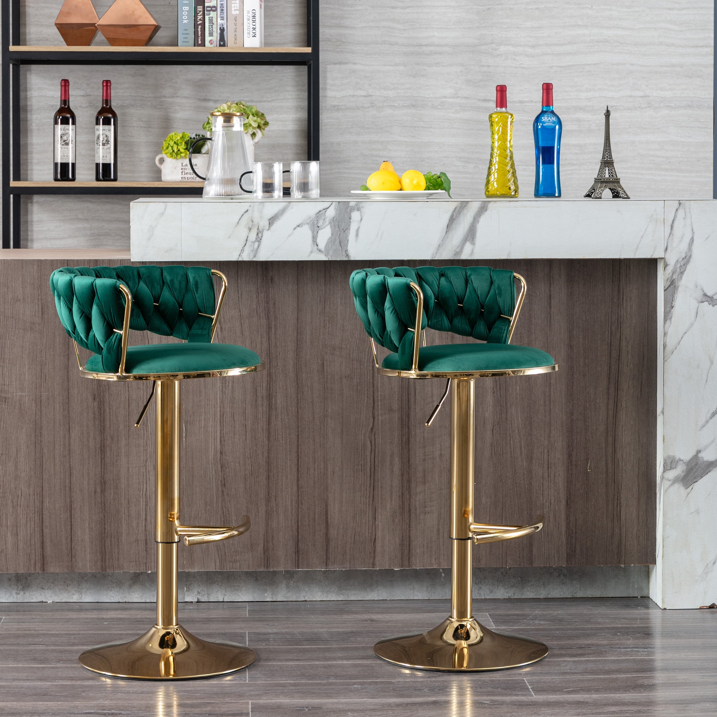 Swivel Height Adjustable Velvet Bar Stools with Golden Leg (Set of 2 )