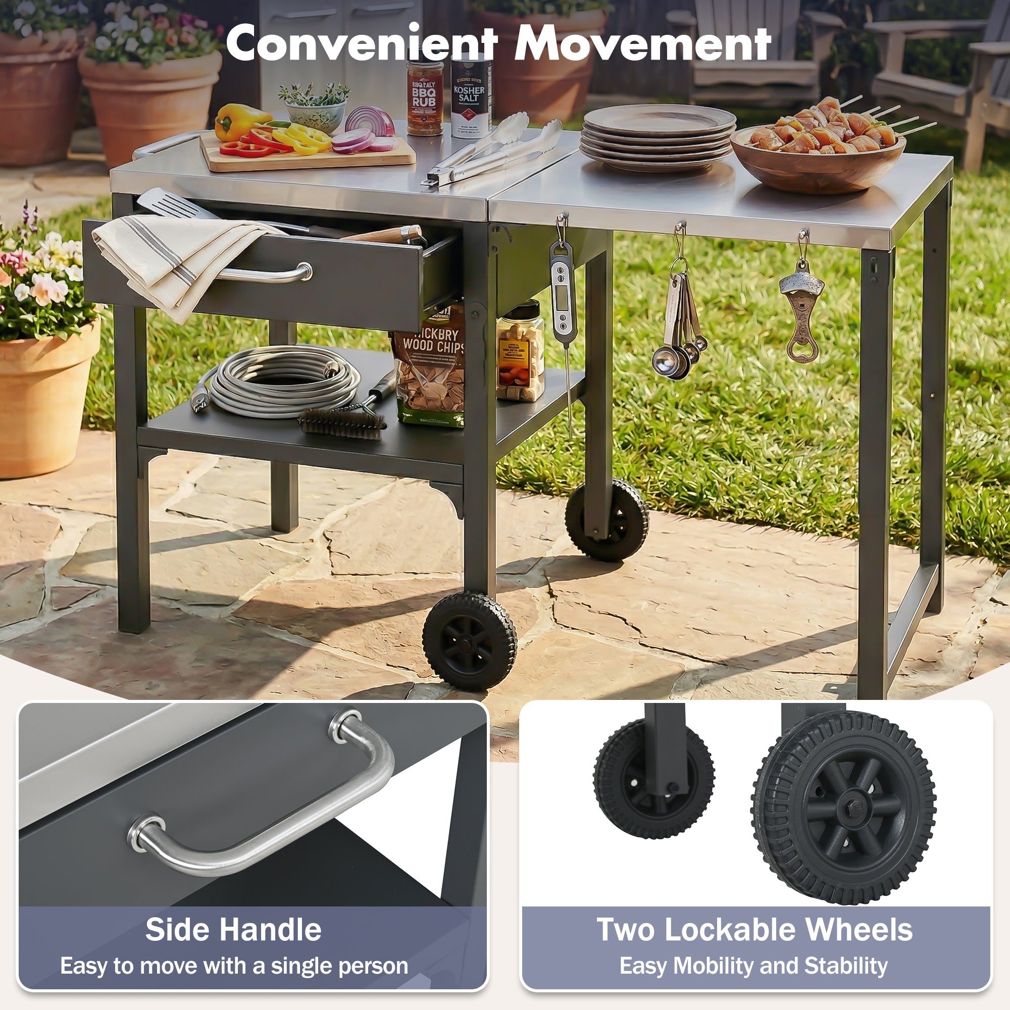 Foldable BBQ cart with storage, portable for backyard & patio cooking
