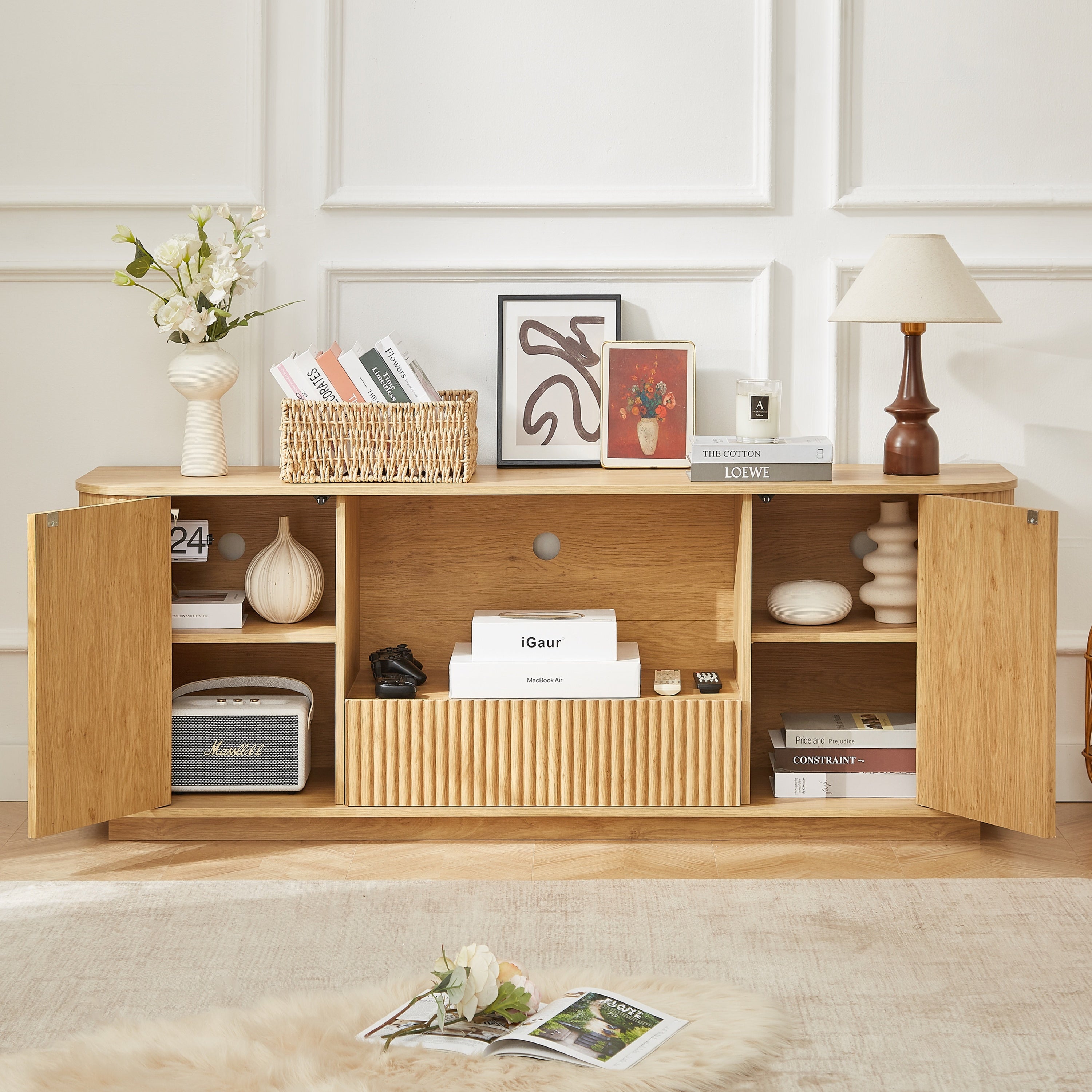 64-Inch Wavy Wooden Vertical Stripe TV Stand Cabinet