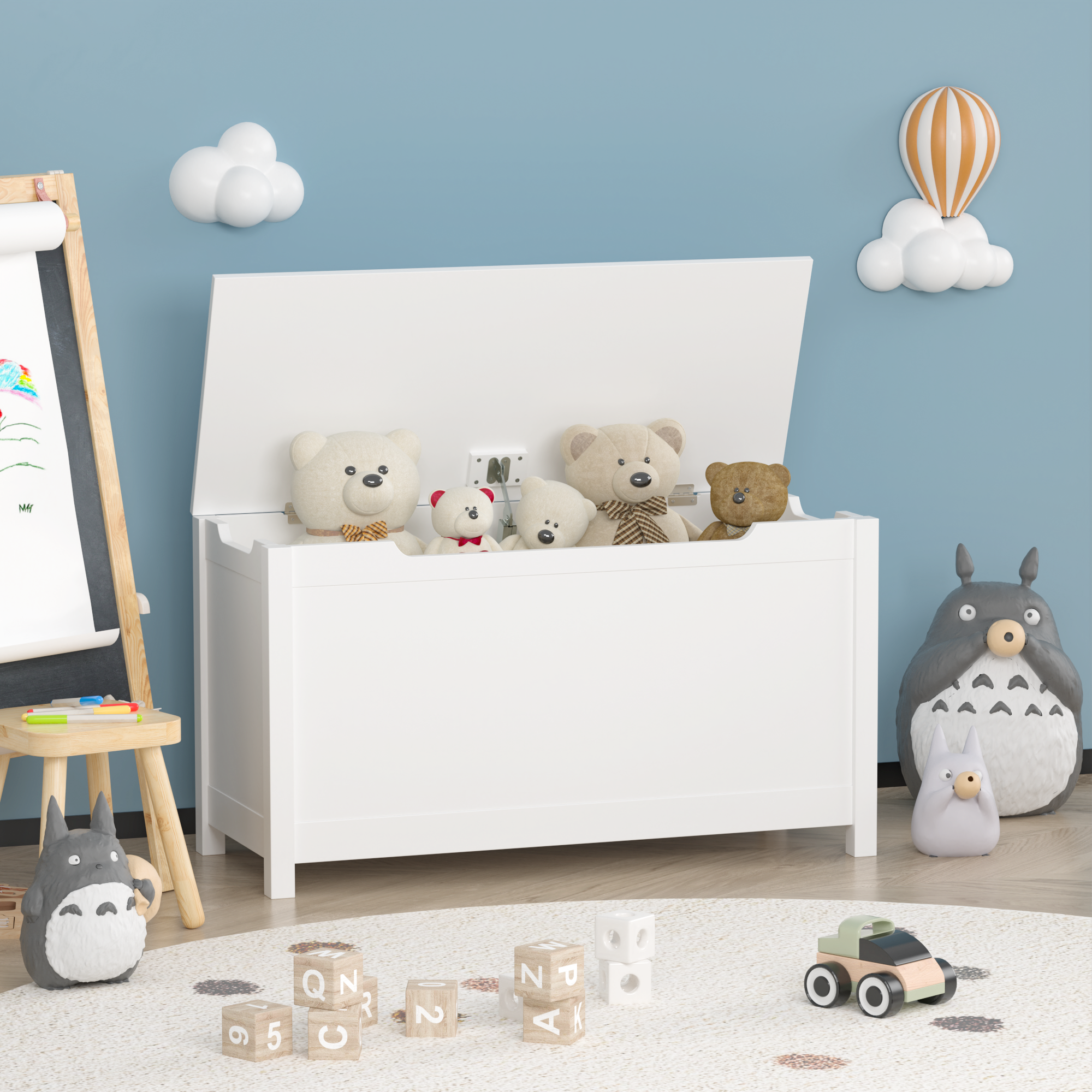 Kids Wooden Toy Box Storage with Safety Hinged Lid for Ages 2+