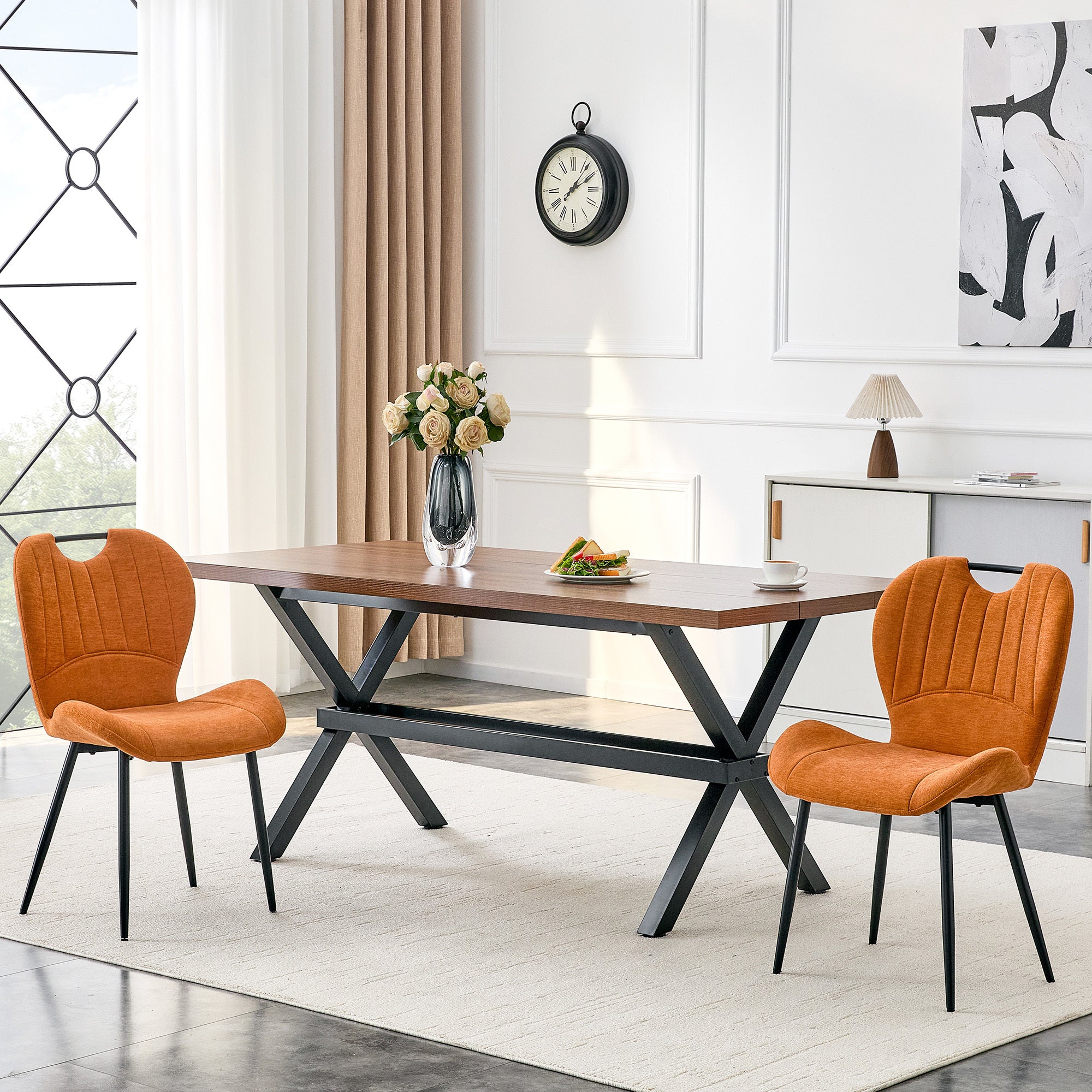 Set of 4 Fabric Dining Chairs Black Metal Frame Wide Cushioned Comfortable