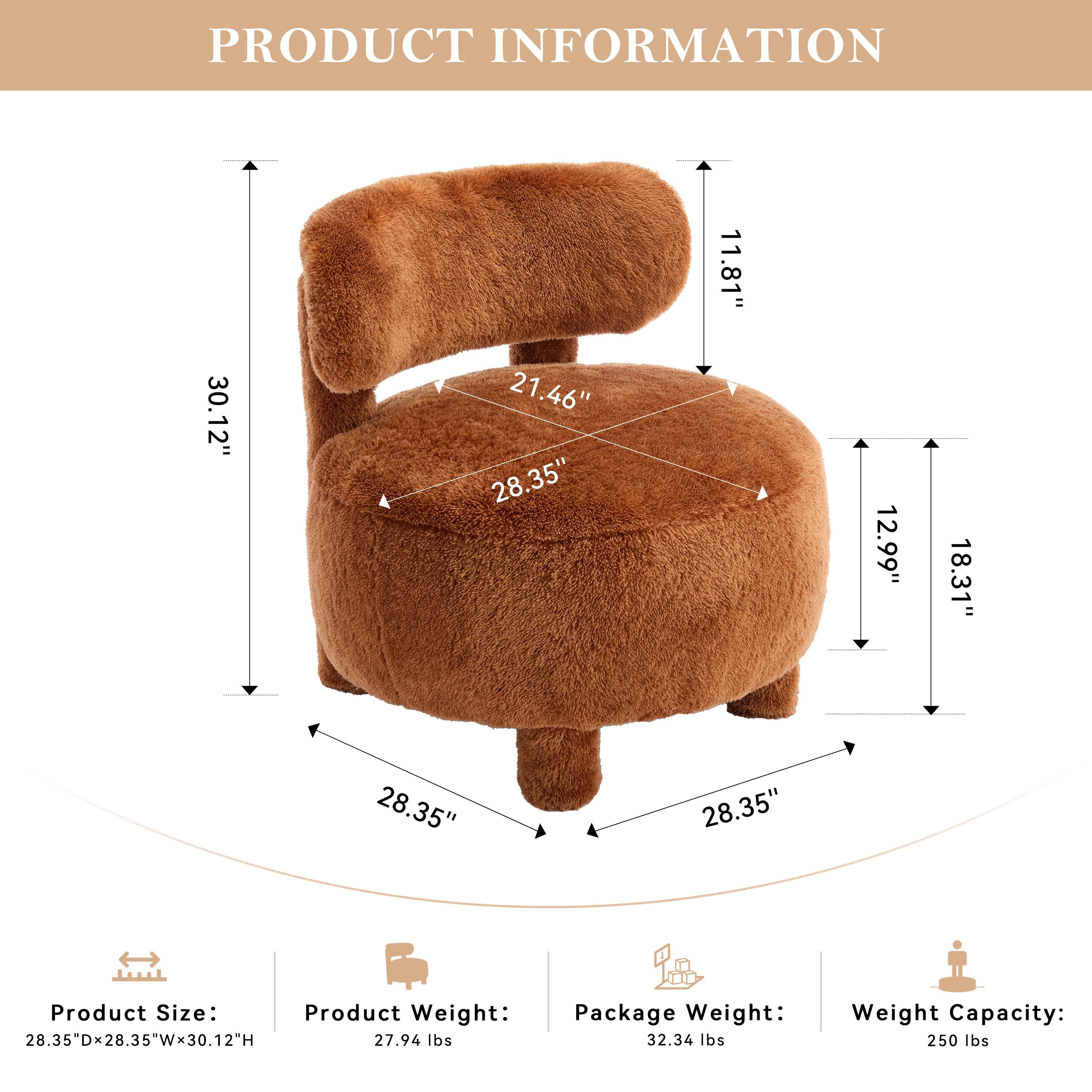 Fur/Teddy Fabric Armless Accent Chair with Curved Backrest