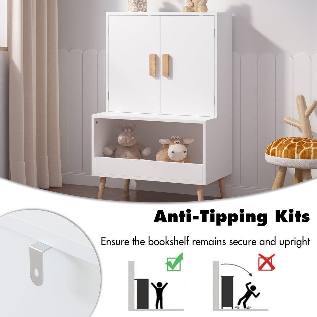 White Modern Wooden Toy Storage Cabinet with Natural Wood Legs