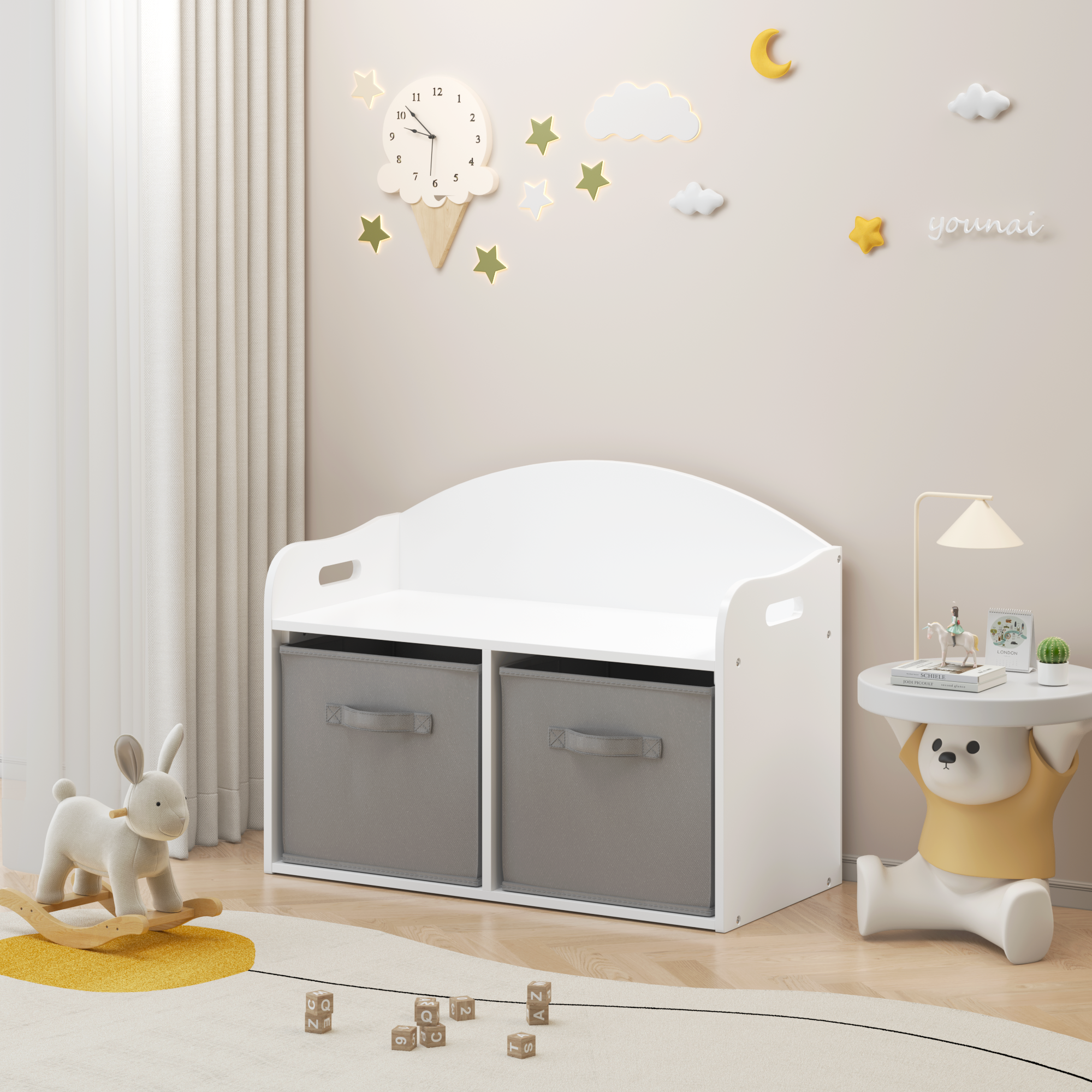 Kids Wooden Toy Box with Collapsible Fabric Drawers