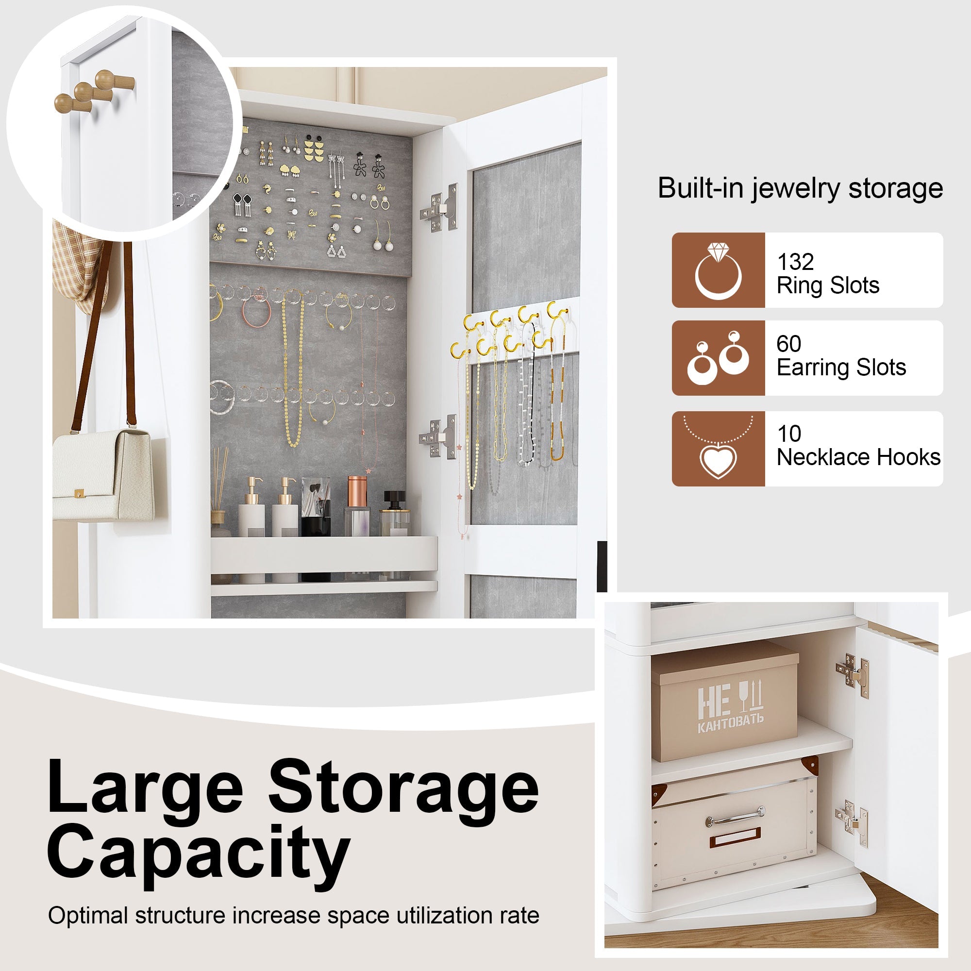 360° Rotating Makeup Cabinet with Full-Length Mirror and Jewelry Storage