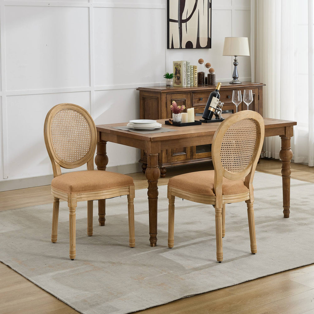 French Style Linen Fabric Rattan Back Dining Chairs (Set of 2)