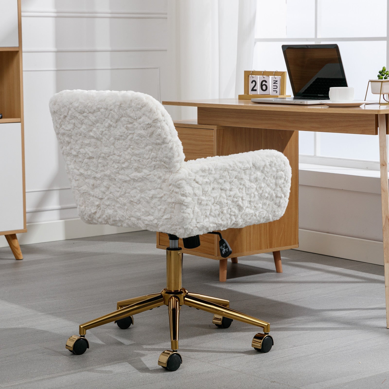 Artificial Rabbit Hair Home Office Chair with Golden Metal Base