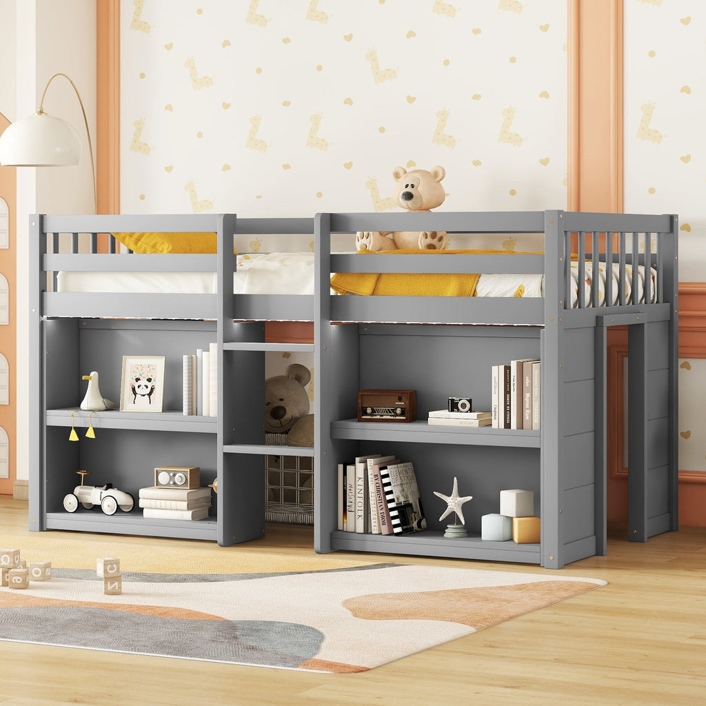 Twin Size Kid Low Loft Bed With Two-Tier Shelves