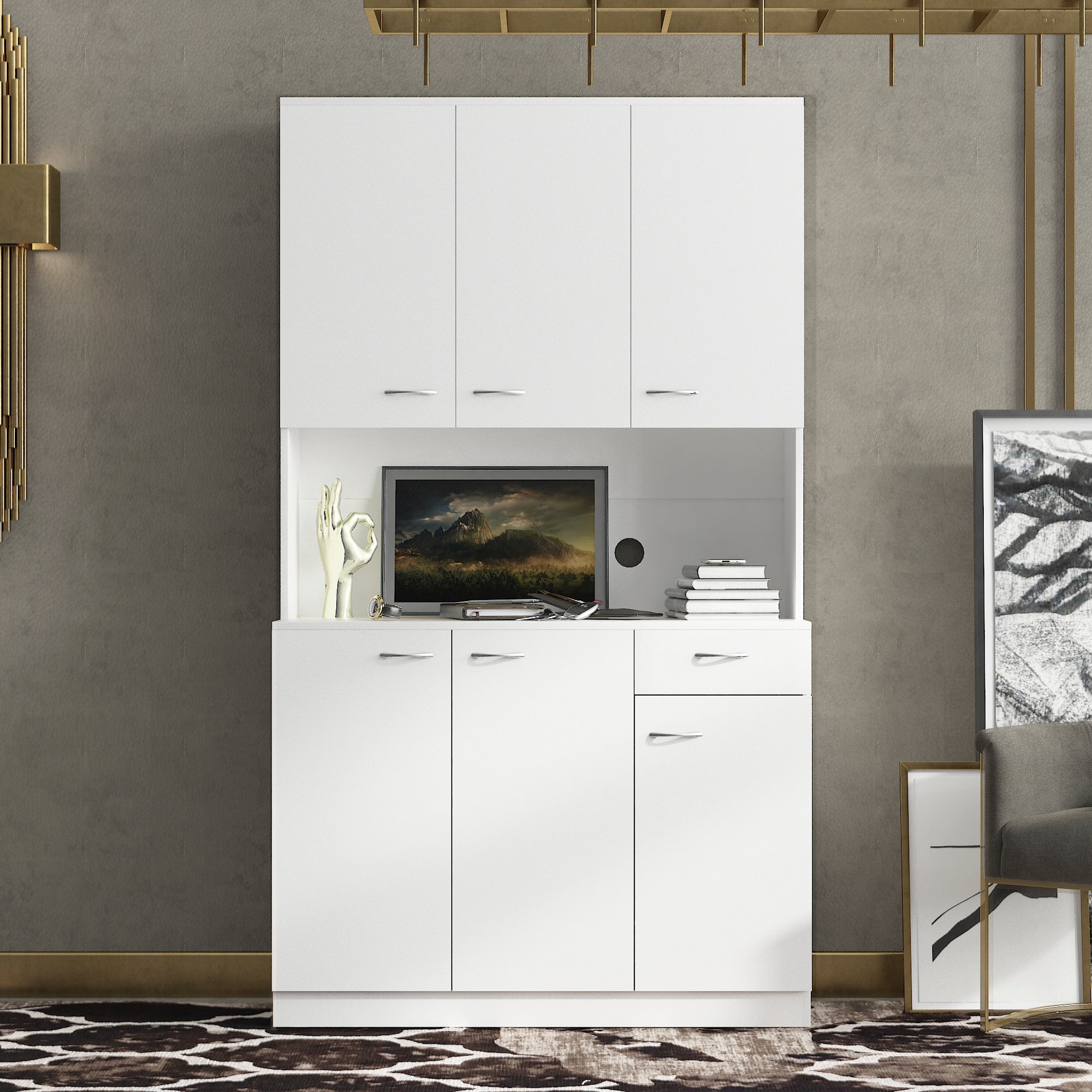 70.87' Tall White Kitchen Cabinet with 6-Doors