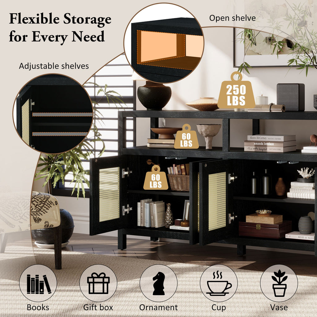 Bohemian Style Rattan Storage Cabinet with 3-position Adjustable Shelves