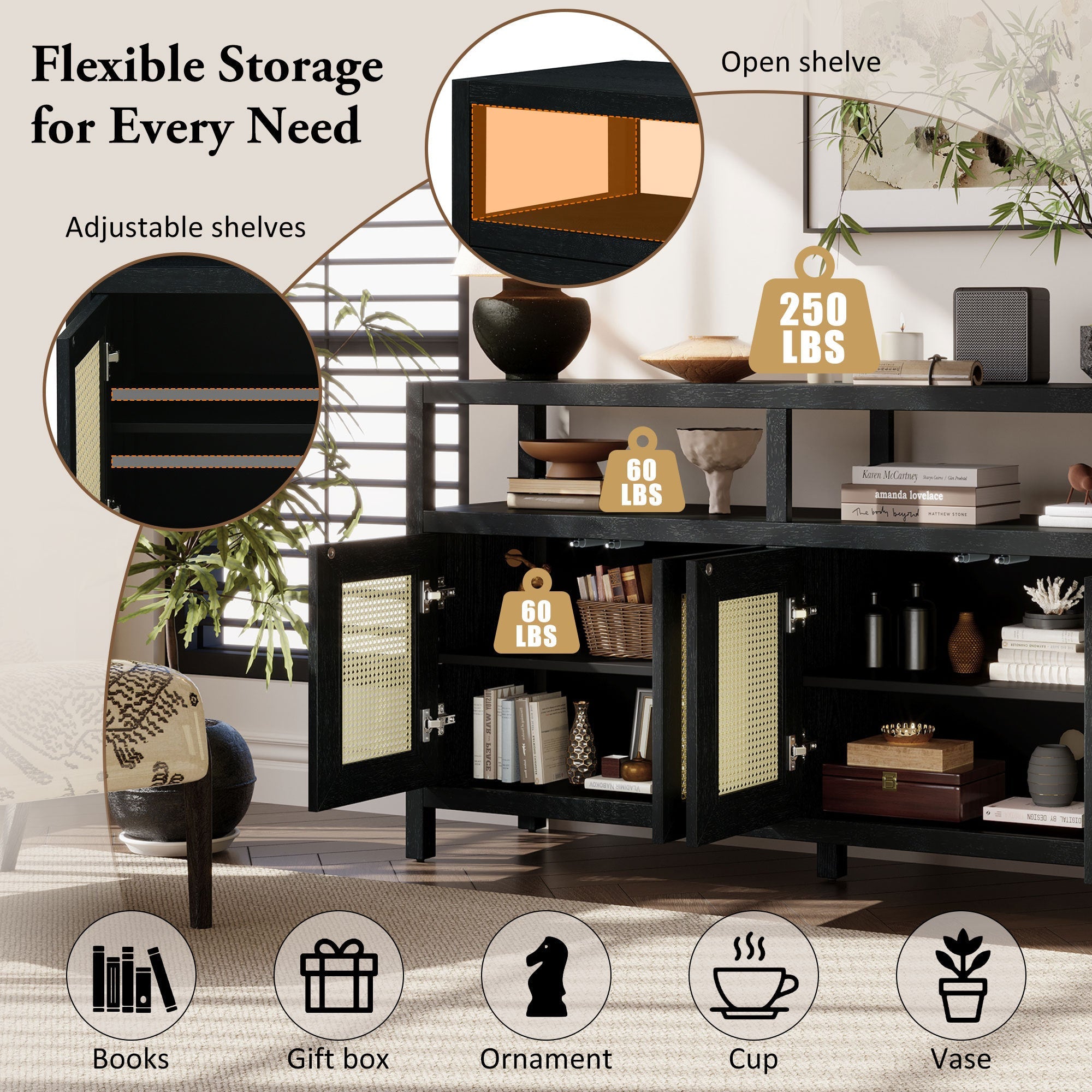 Bohemian Style Rattan Storage Cabinet with 3-position Adjustable Shelves