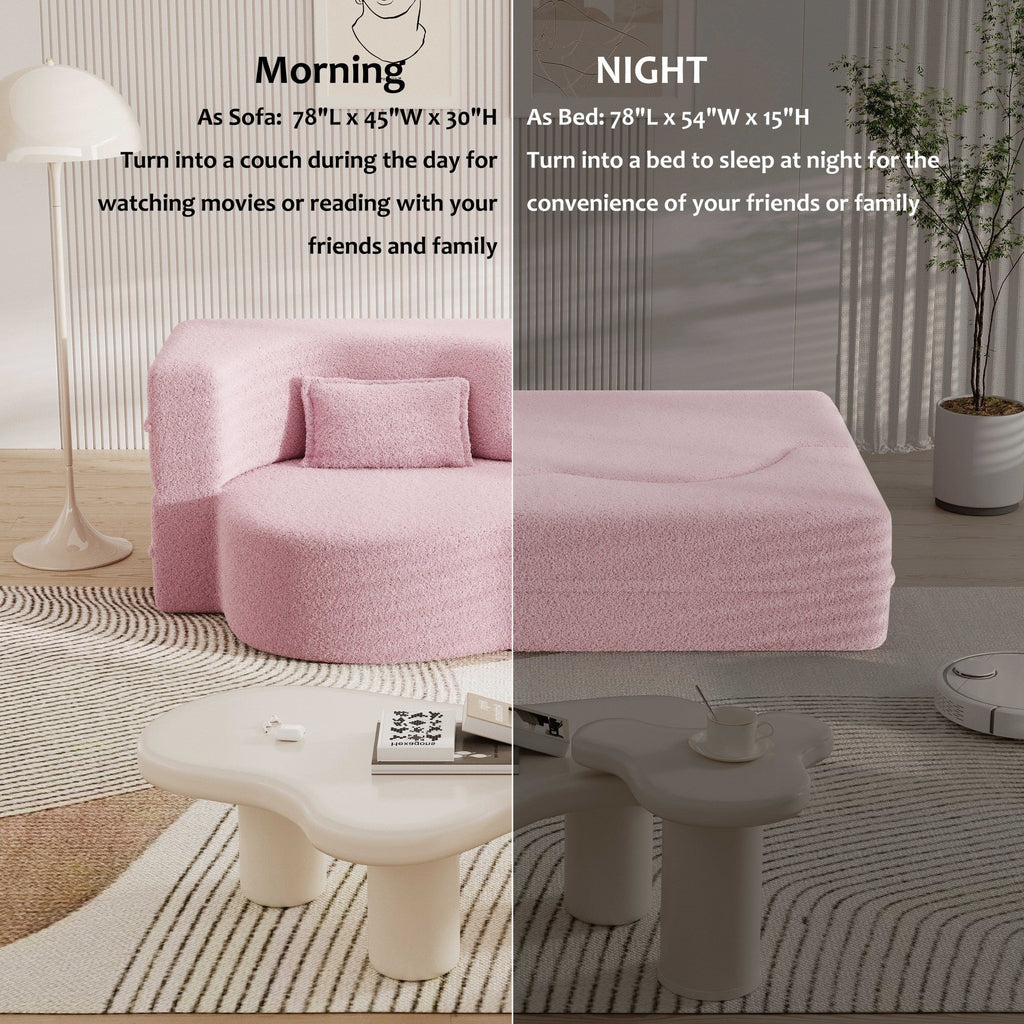 Modern Convertible Teddy Fabric Sofa with 2 Pillows