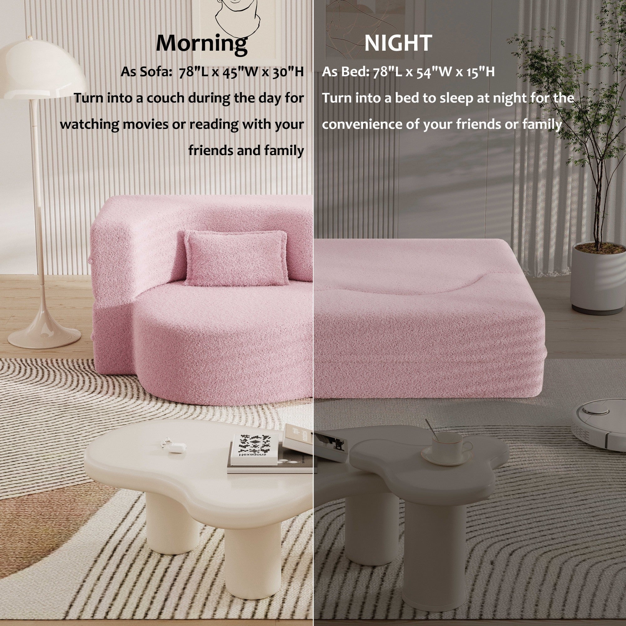 Modern Convertible Teddy Fabric Sofa with 2 Pillows