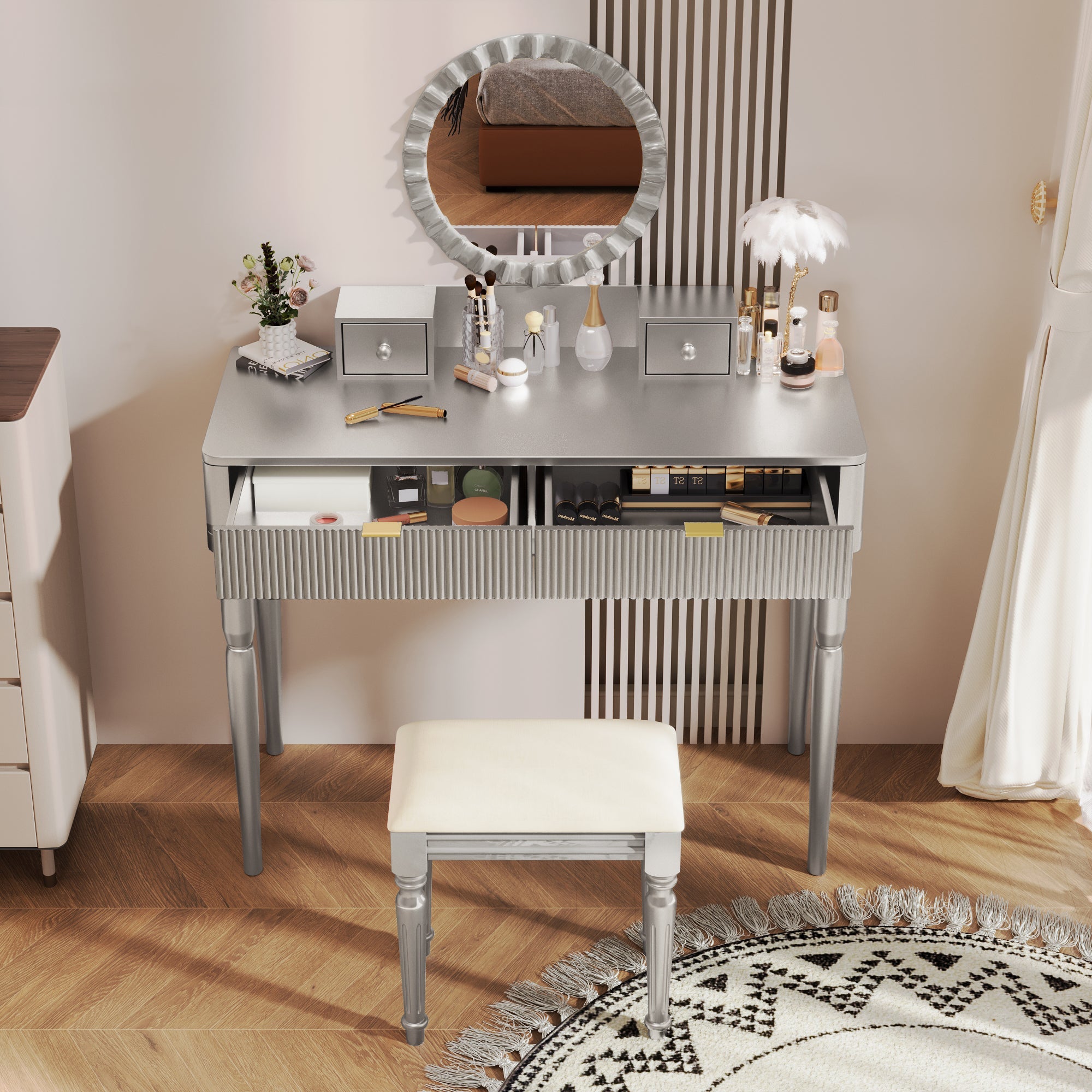 Luxury Vanity Desk with Round Mirror