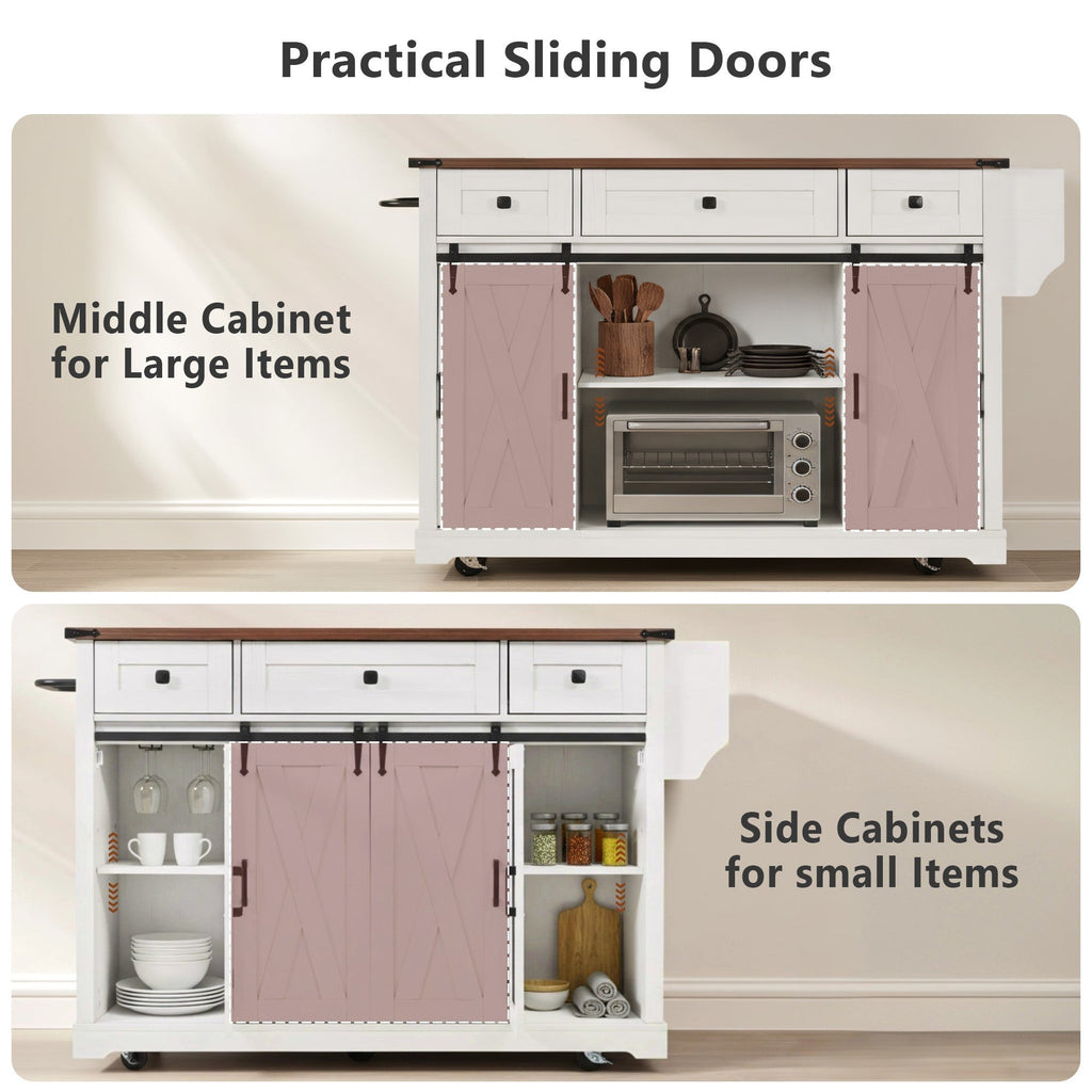 58“ Farmhouse Kitchen Island with Storage Sliding Barn Door Metal Grid Side Door
