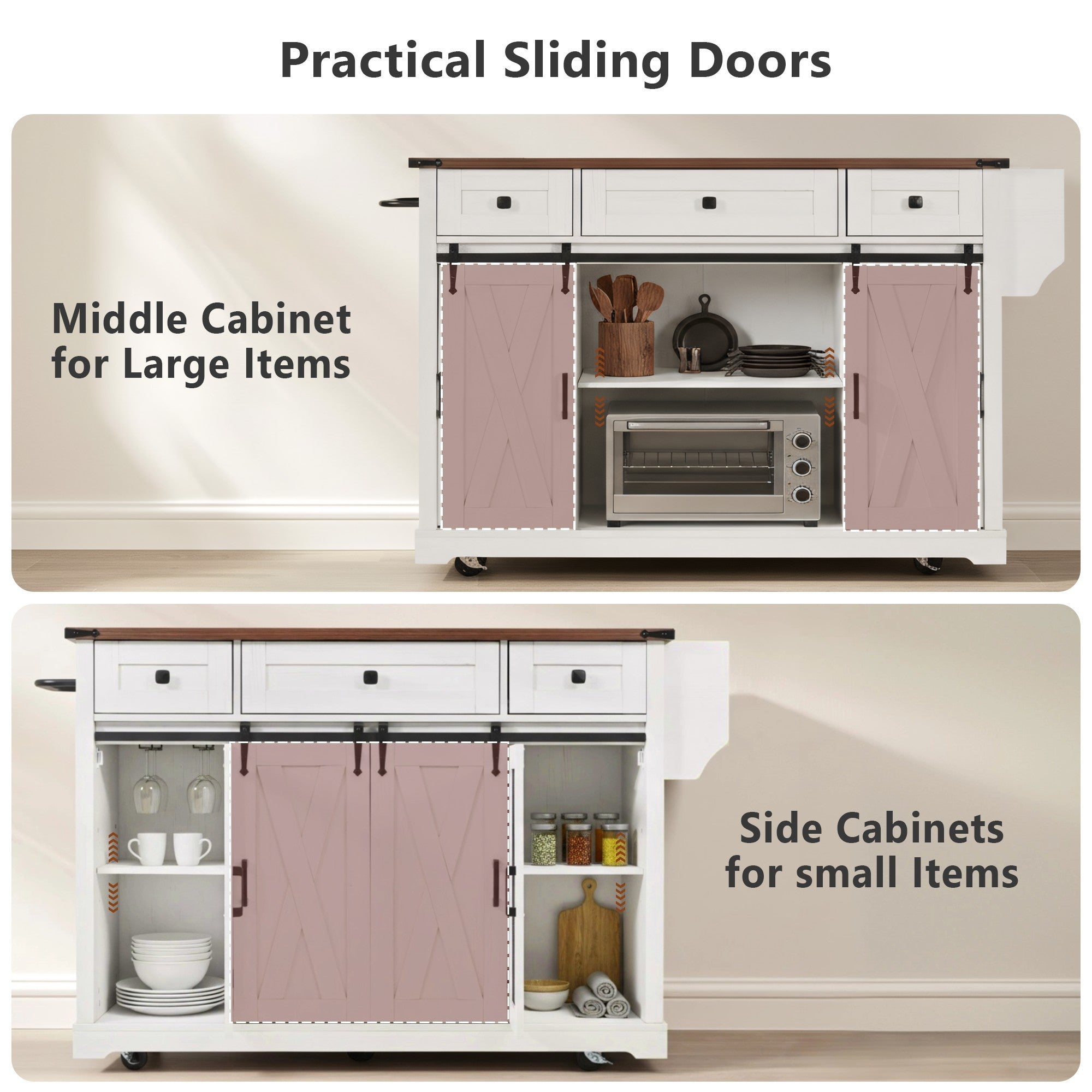 58“ Farmhouse Kitchen Island with Storage Sliding Barn Door Metal Grid Side Door