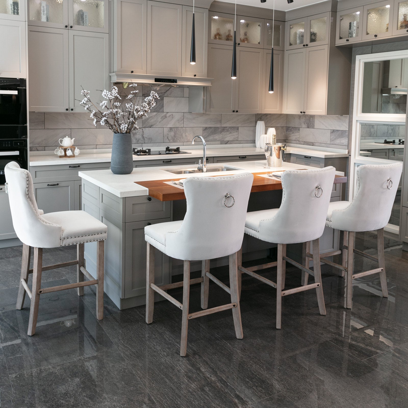 Contemporary Velvet Upholstered Barstools with Button Tufted Decoration (Set of 2)