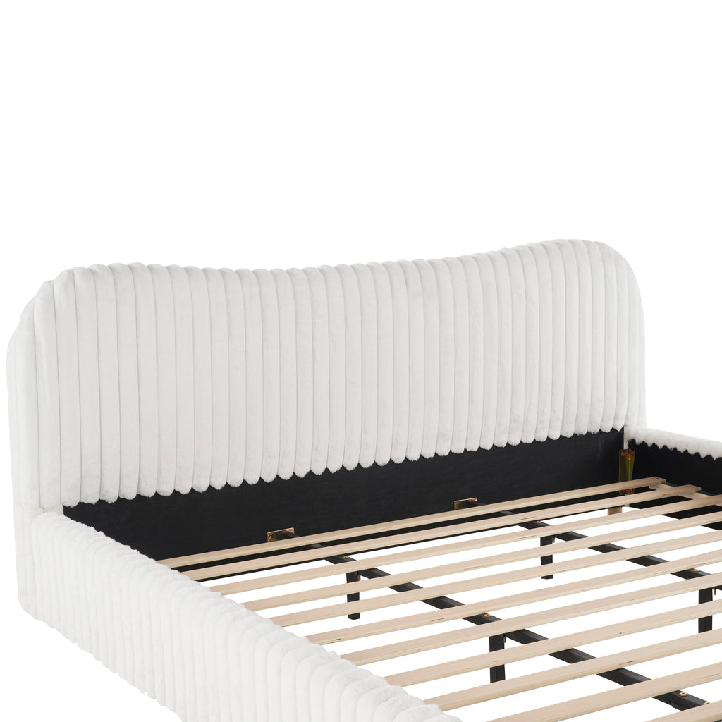 Sleek White Boucle Upholstered Bed with Wavy Headboard