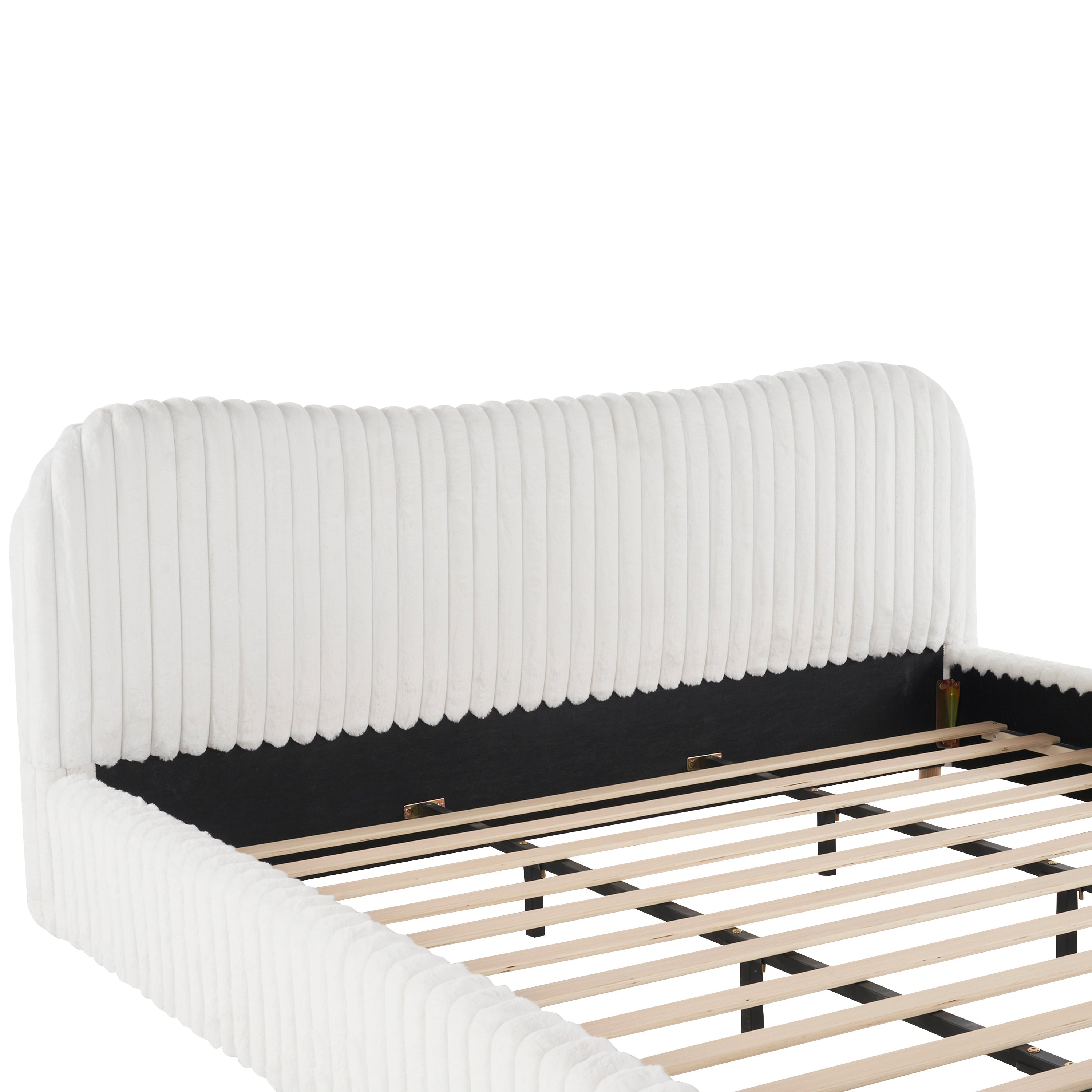 Sleek White Boucle Upholstered Bed with Wavy Headboard