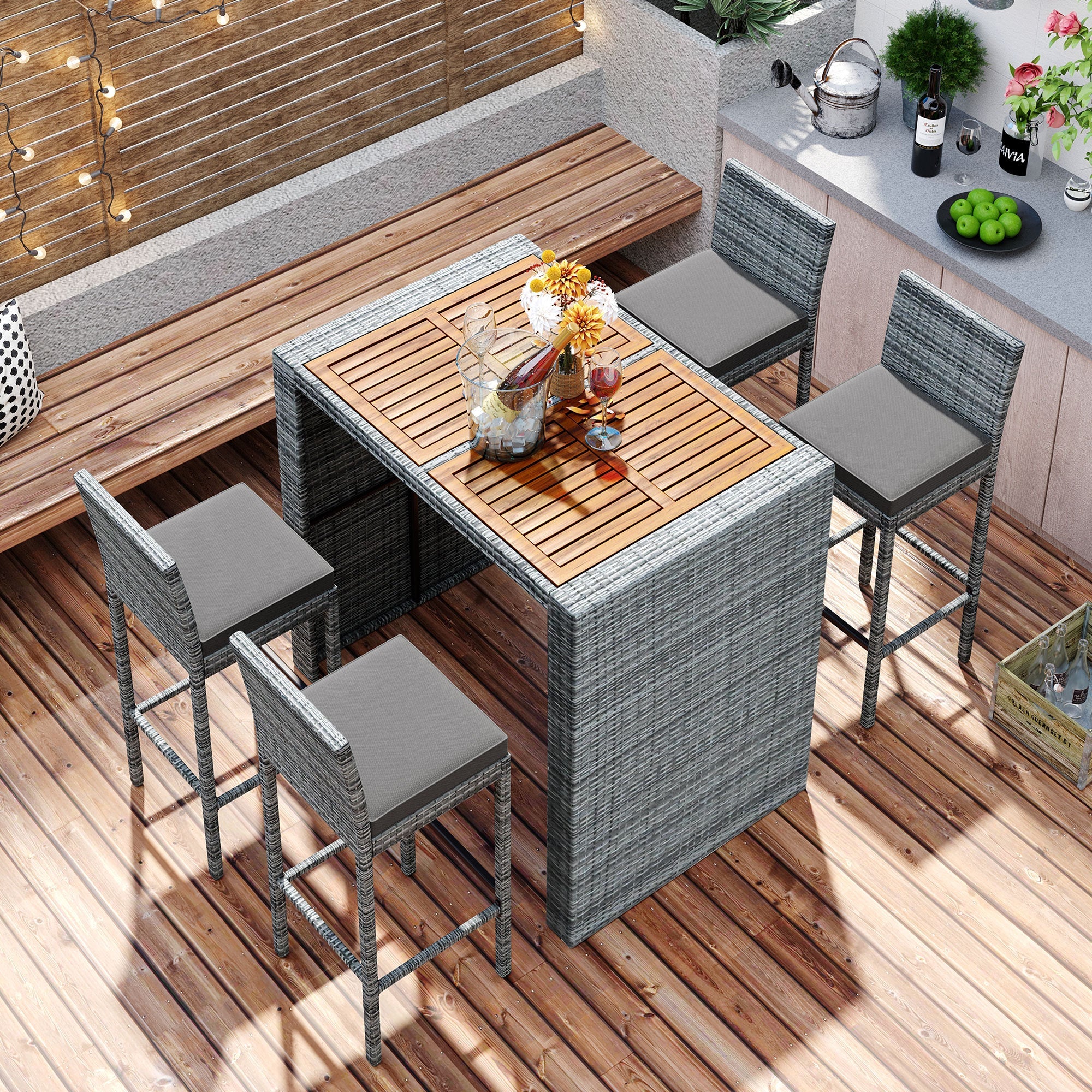 5-Piece Outdoor Wicker Bar Set with Removable Cushion and Acacia Top