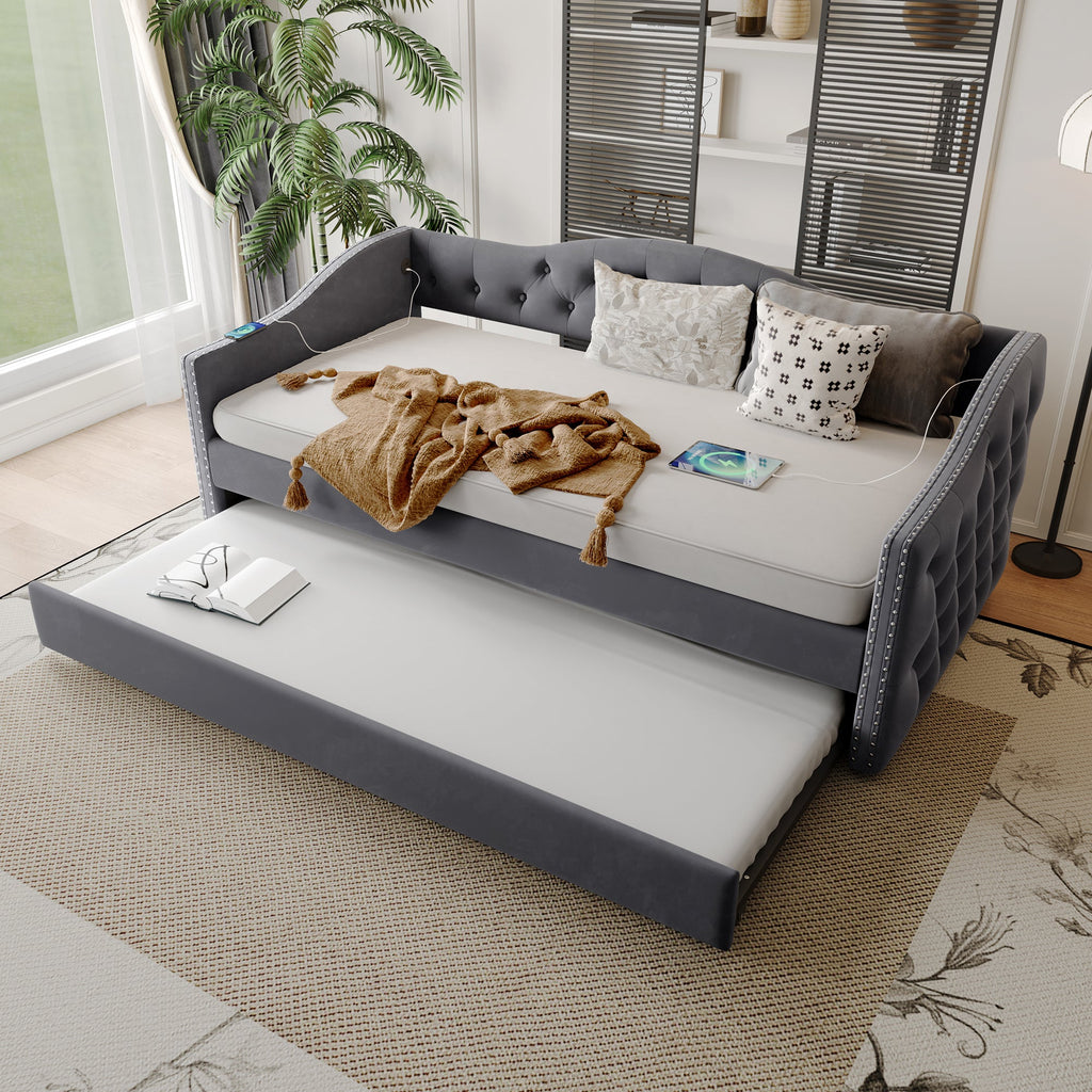 Twin Size Upholstered Daybed with Trundle and USB Charging Design