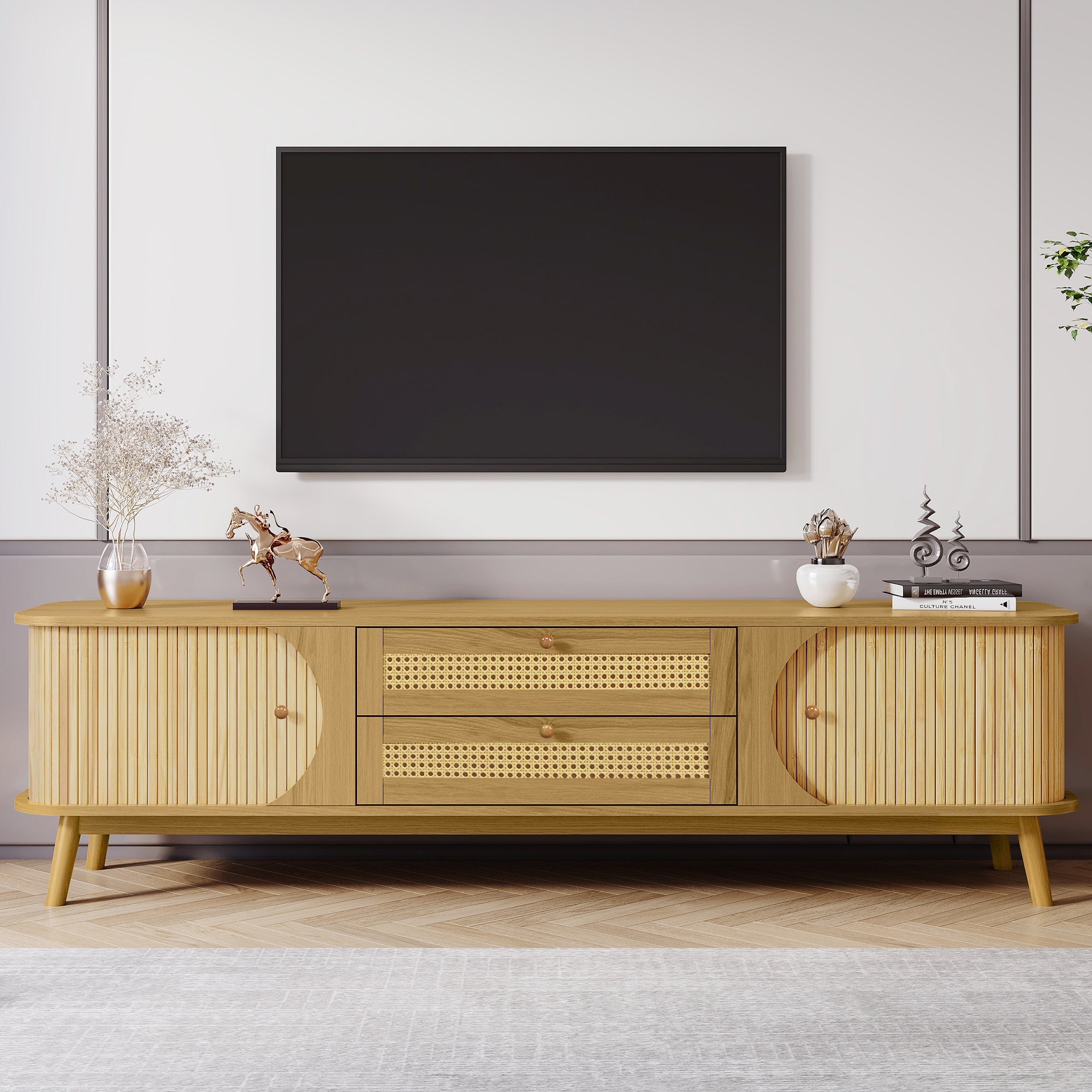 Modern Farmhouse Rattan TV Stand  Up to 75''