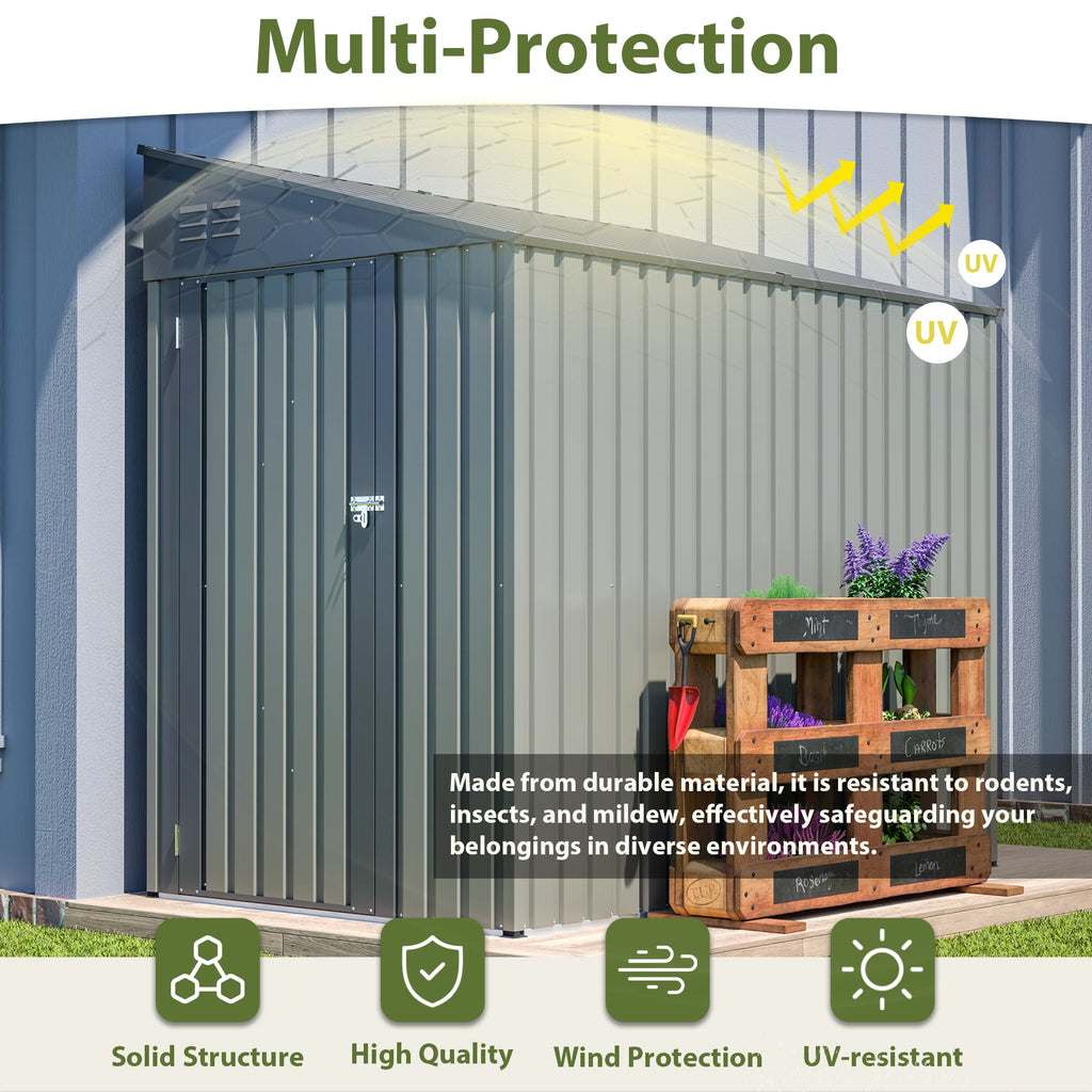 4x7 FT Lean To Shed Olive Grey Heavy Duty Steel Outdoor Garden Storage Case