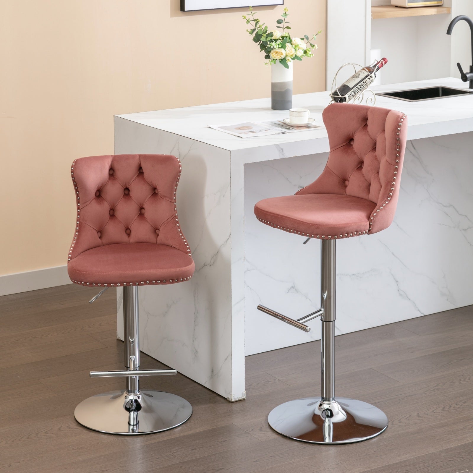 25-33 Inch Modern Velvet Swivel Barstools (Set of 2)