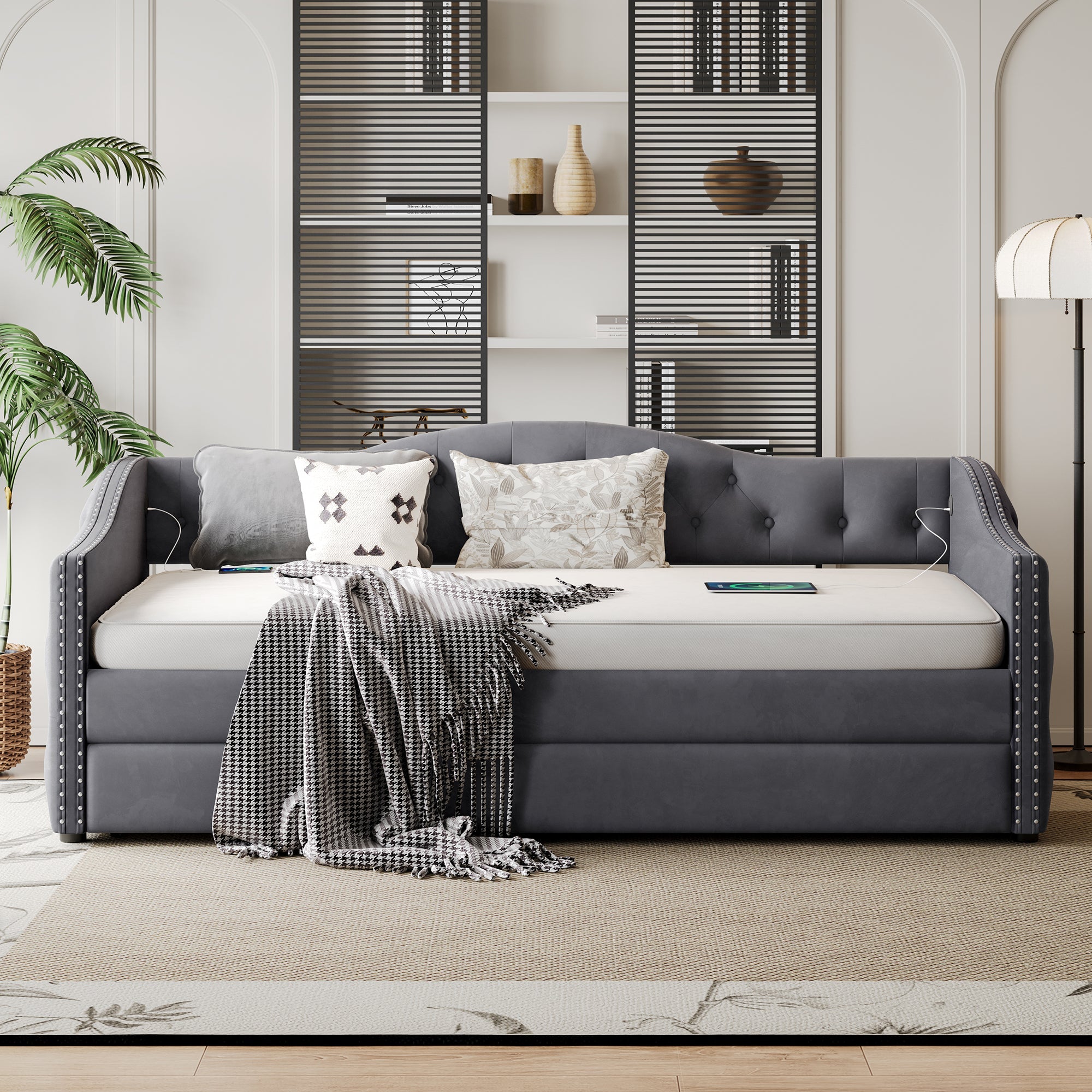 Twin Size Upholstered Daybed with Trundle and USB Charging Design