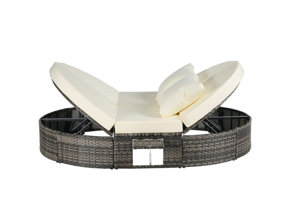 Round outdoor patio daybed with adjustable backrests foldable cup trays and cushioned wicker design ideal for backyard and poolside lounging