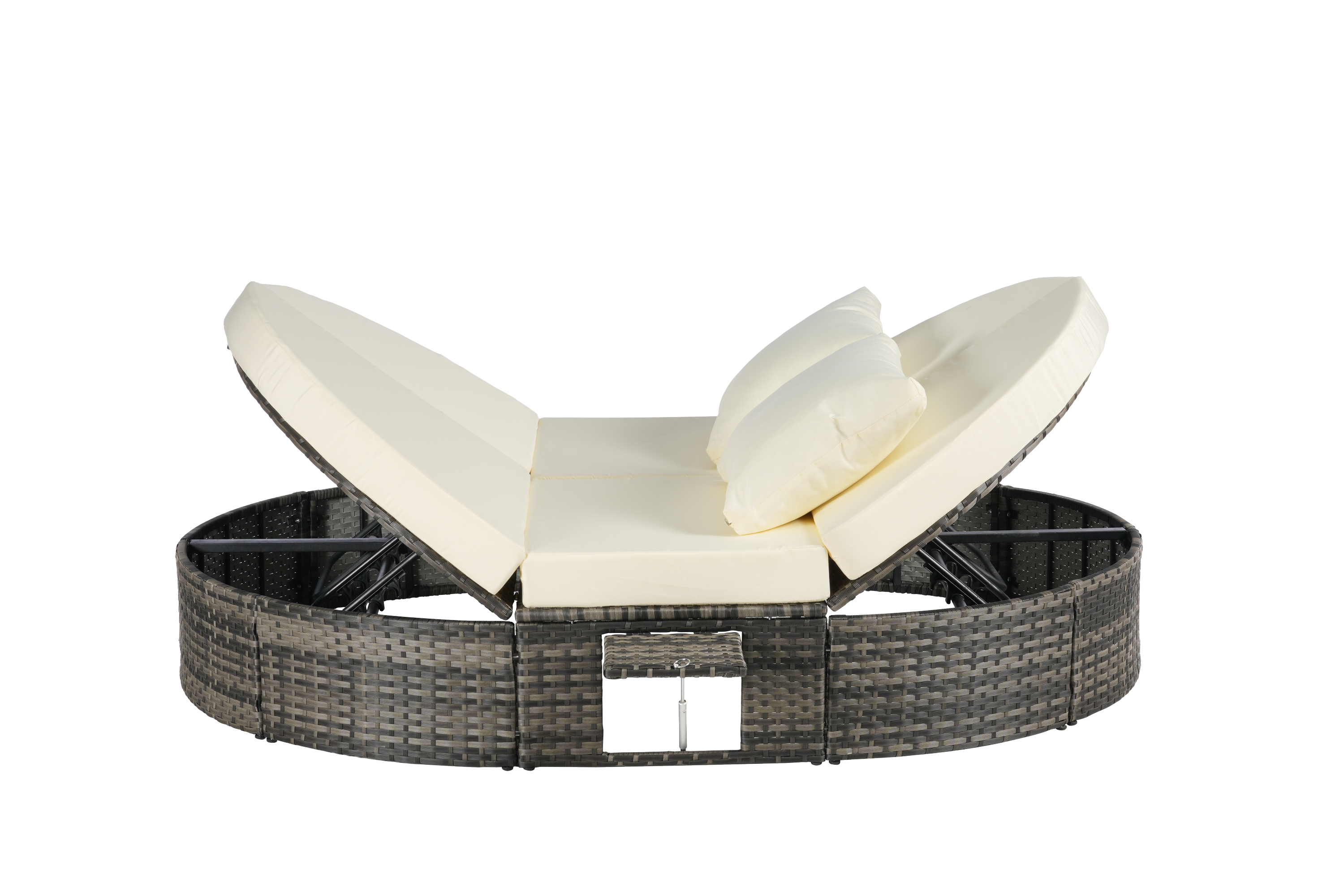 Round outdoor patio daybed with adjustable backrests foldable cup trays and cushioned wicker design ideal for backyard and poolside lounging