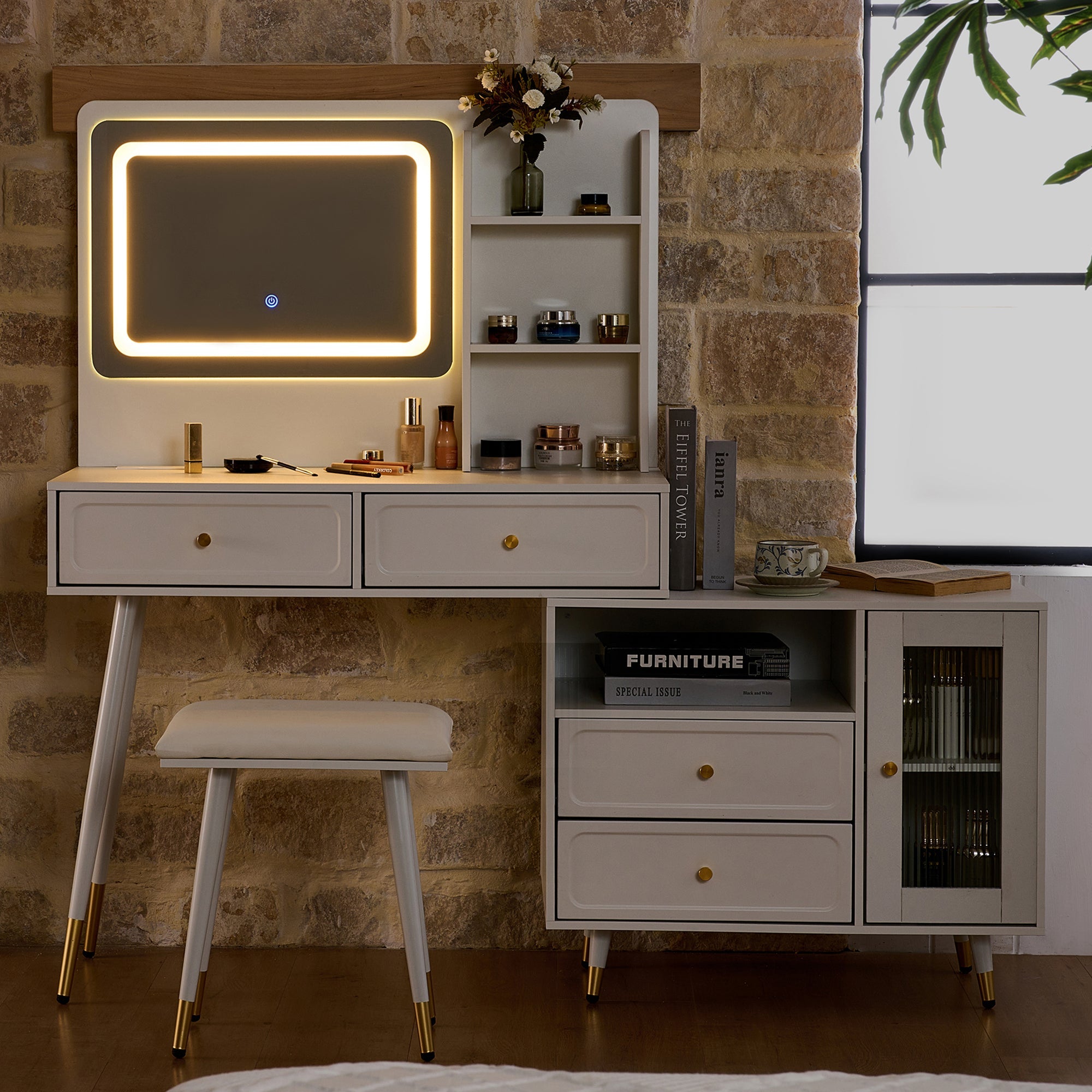 Modern Makeup Vanity Desk with Mirror and Lights