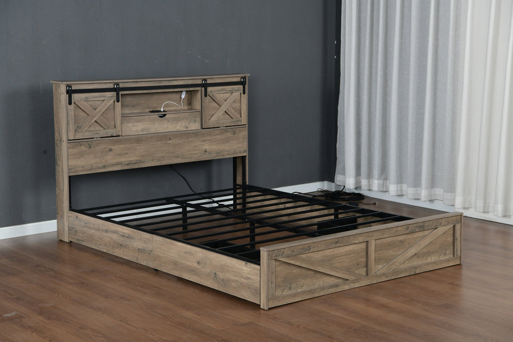 Farmhouse Bed Frame Queen Size with LED Lights and Charging Station