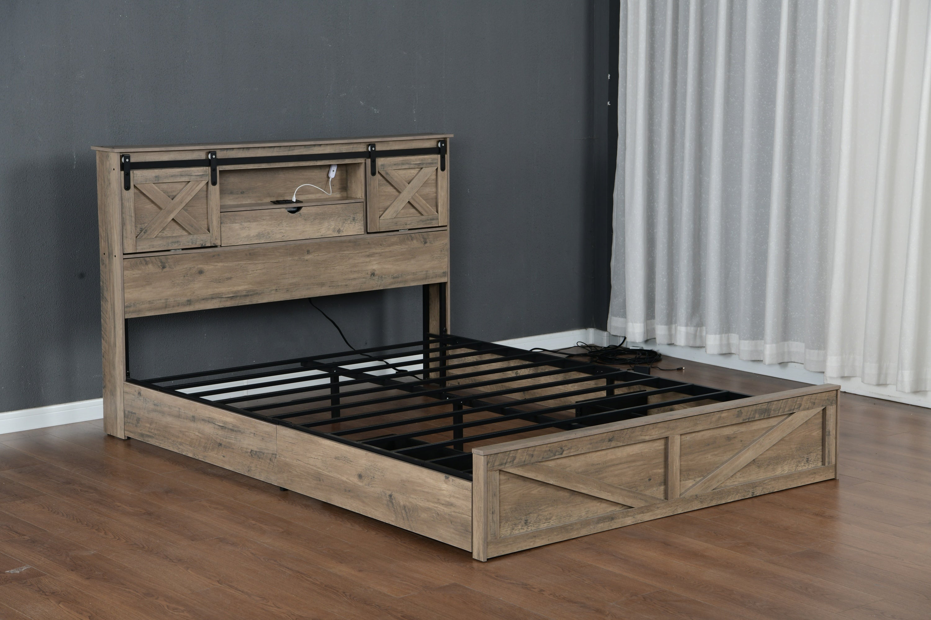 Farmhouse Bed Frame Queen Size with LED Lights and Charging Station