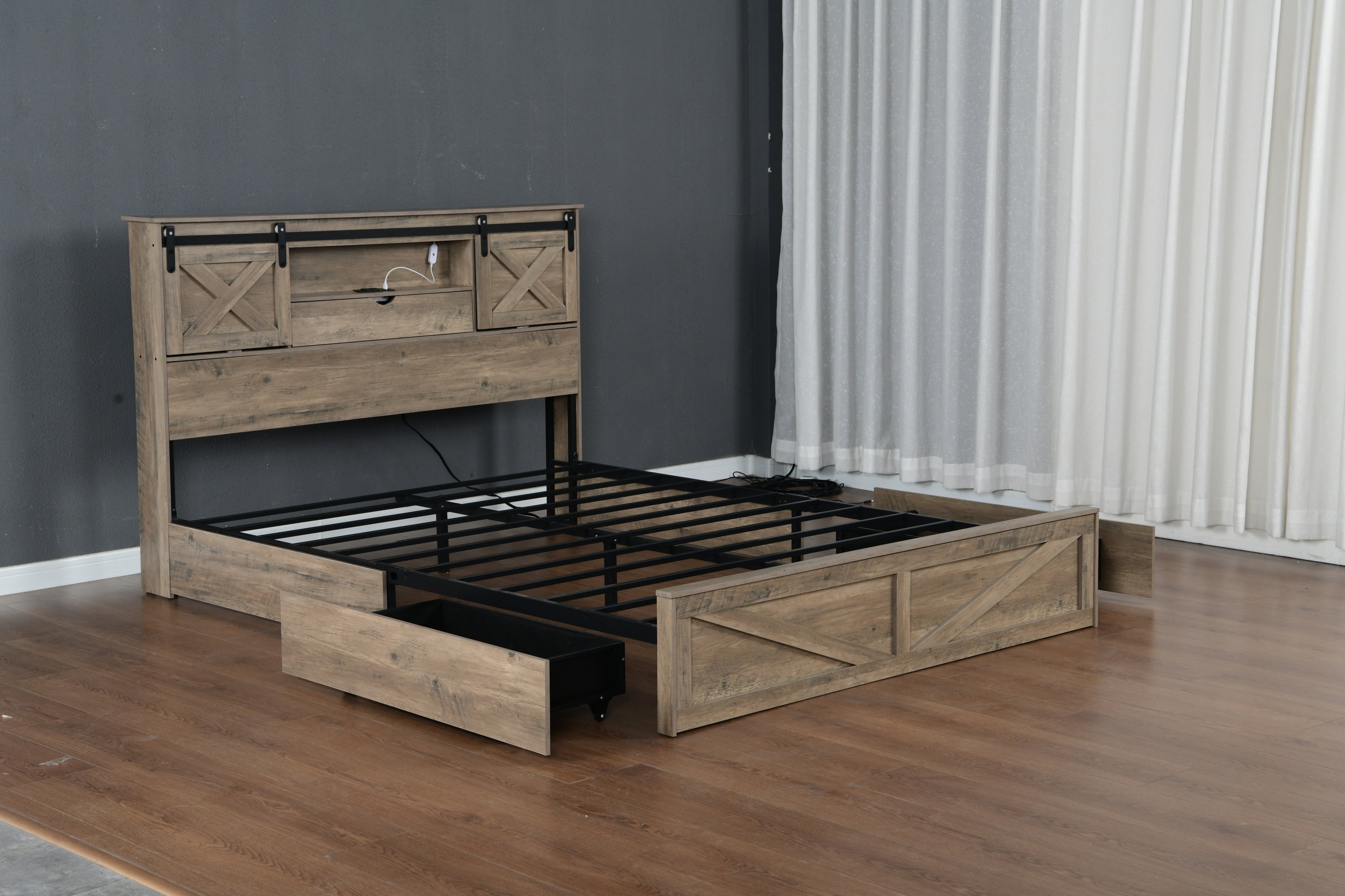 Farmhouse Bed Frame Queen Size with LED Lights and Charging Station