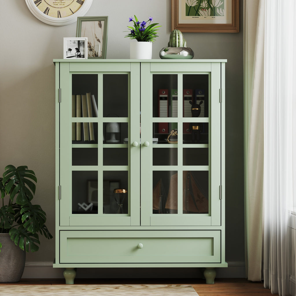 Minimalism Buffet Cabinet with Double Glass Doors and Drawer Mint Green