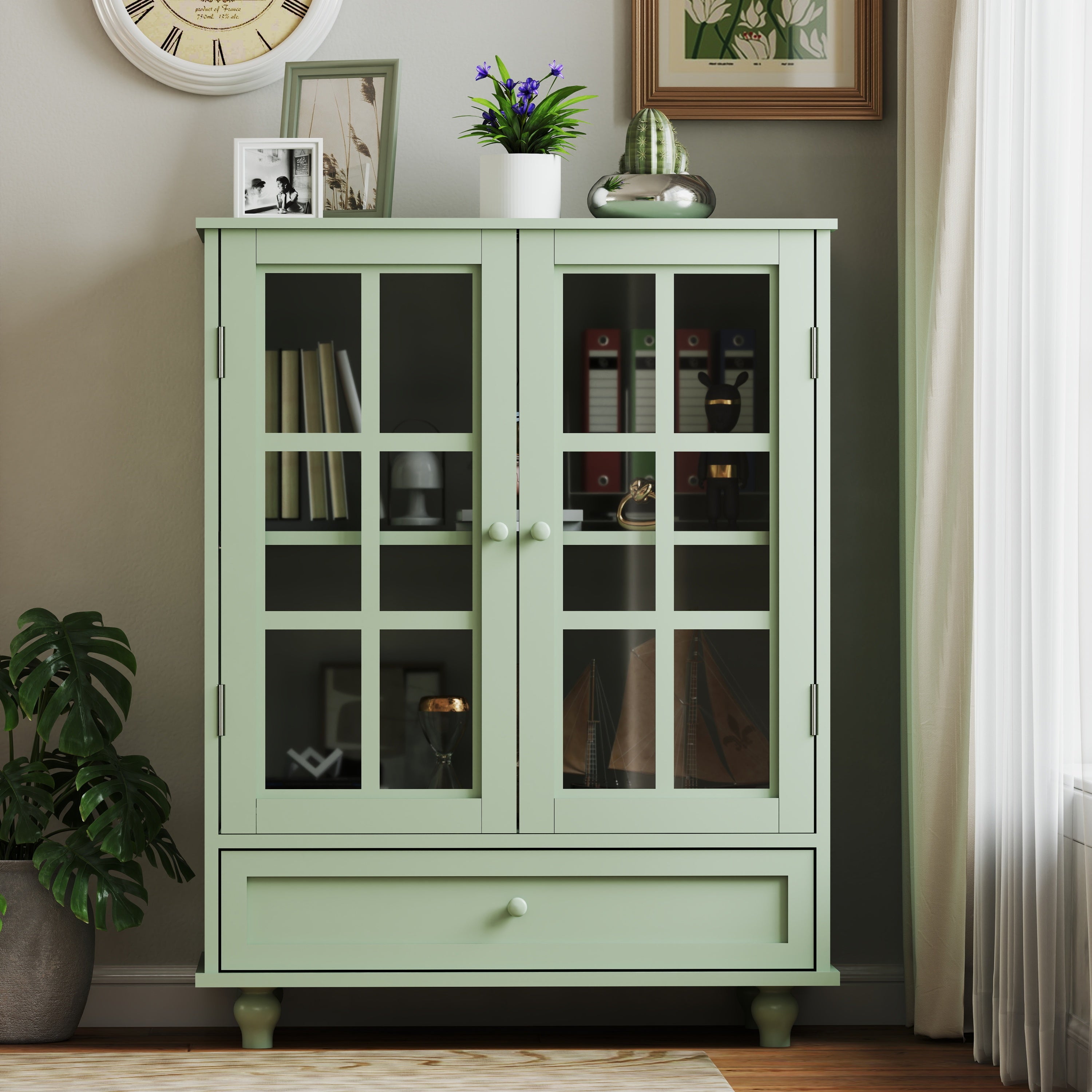 Minimalism Buffet Cabinet with Double Glass Doors and Drawer Mint Green