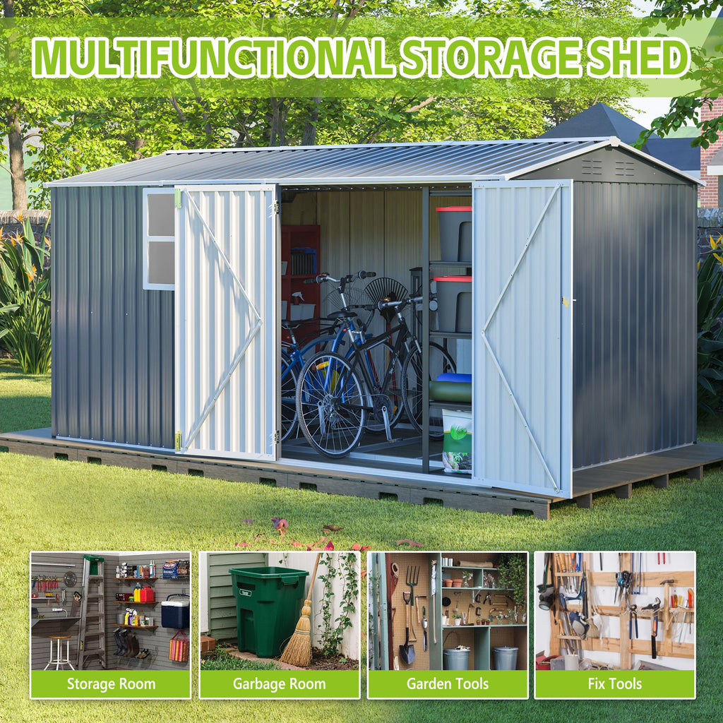 8x12ft Steel Storage Shed w/ Window, Hinged Doors, 4 Vents for Yard/Garden/Patio