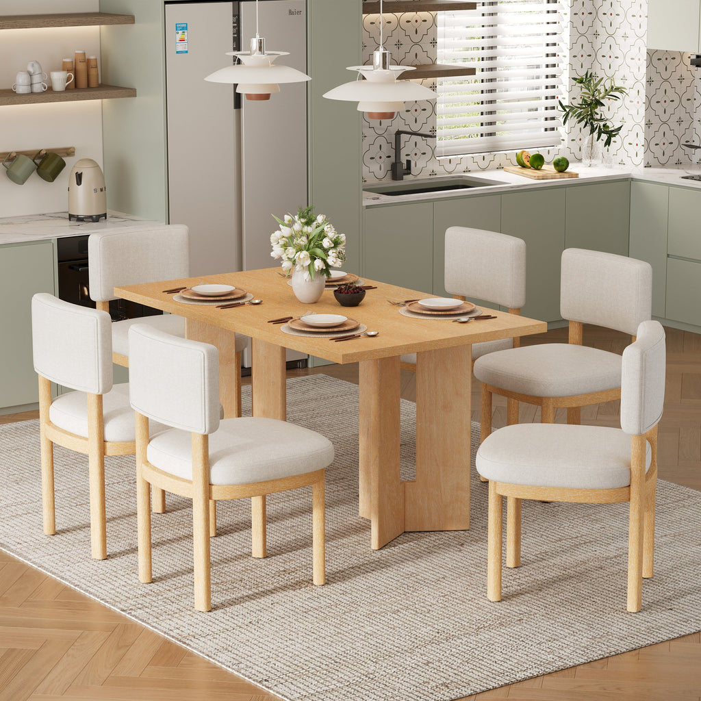 Farmhouse Dining Table Set with 6 Upholstered Chairs