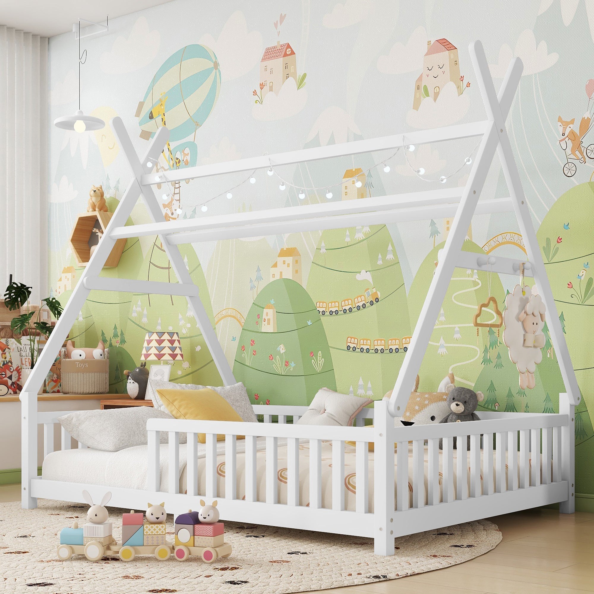 Full Size House Bed with Light for Kids