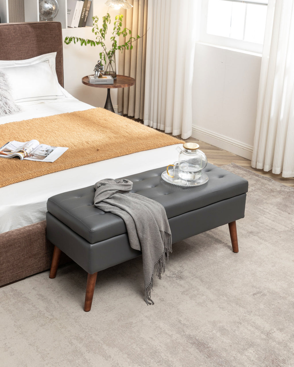 Brown PU Leather Storage Bench