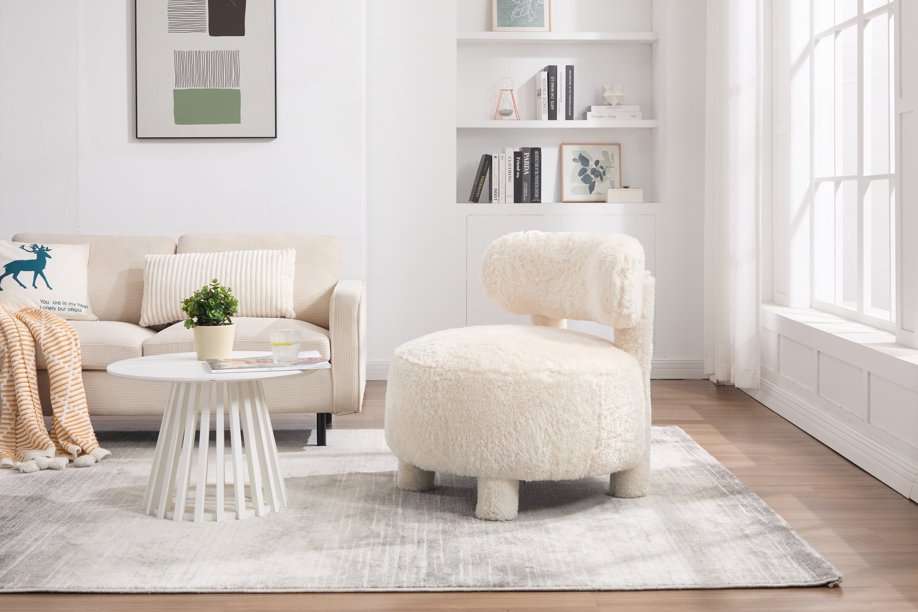 Fur/Teddy Fabric Armless Accent Chair with Curved Backrest