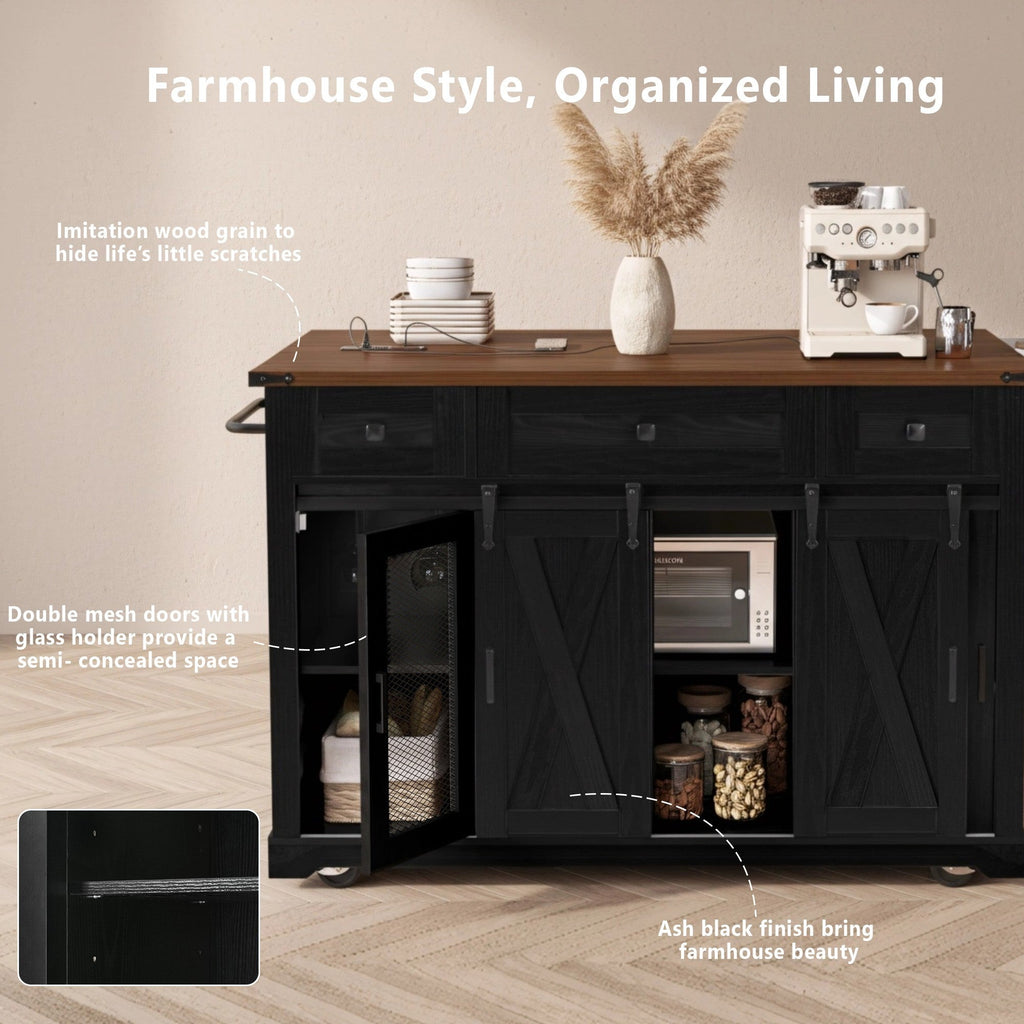 58“ Farmhouse Kitchen Island with Storage Sliding Barn Door Metal Grid Side Door